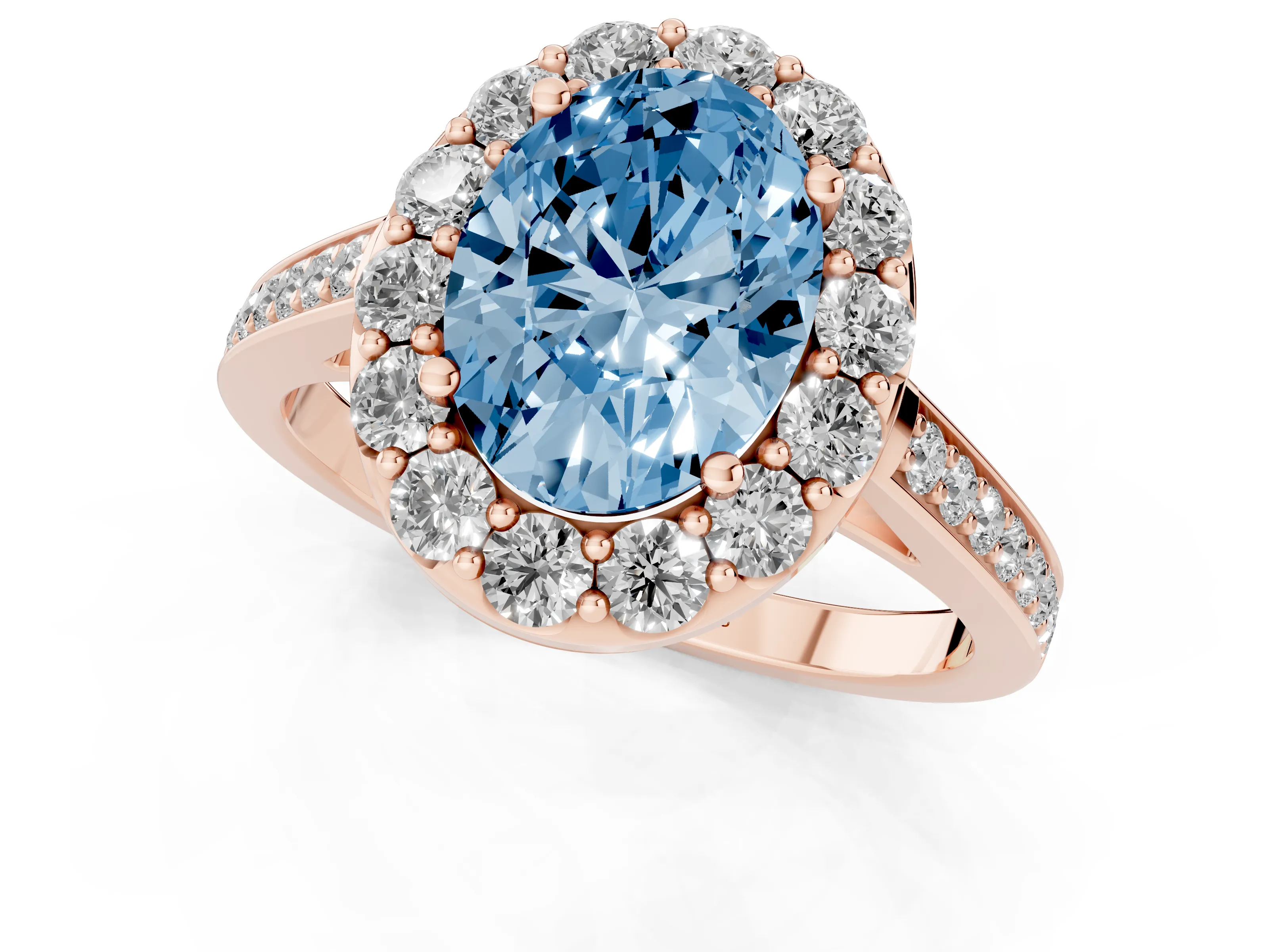Fancy Blue Oval Cut Diamond Floral Halo Ring Set in Rose gold with Pavé Band and Prong Setting
