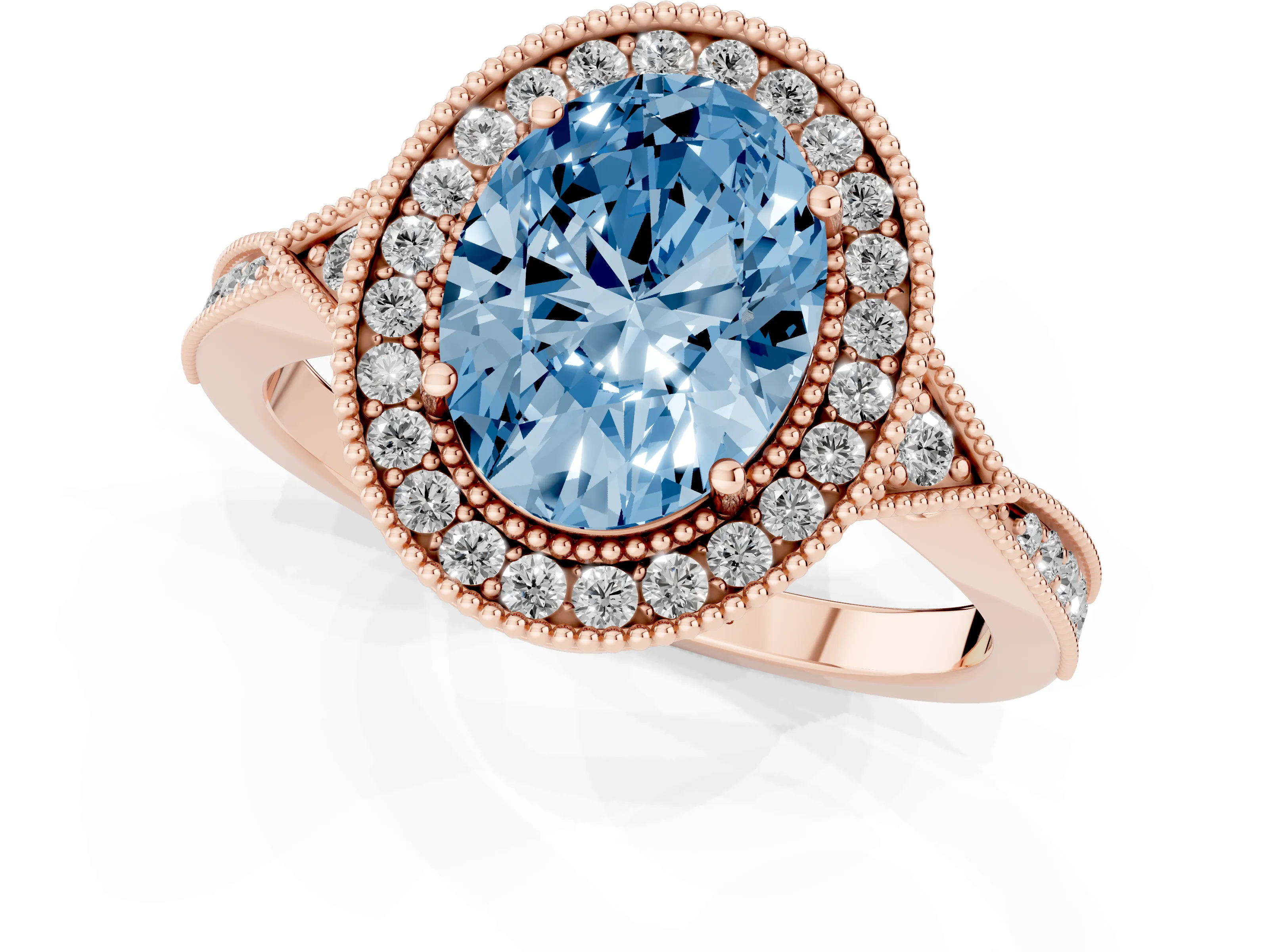 Fancy Blue Oval Cut Diamond Halo Engagement Ring Set in Rose gold with Milgrain Pavé Band