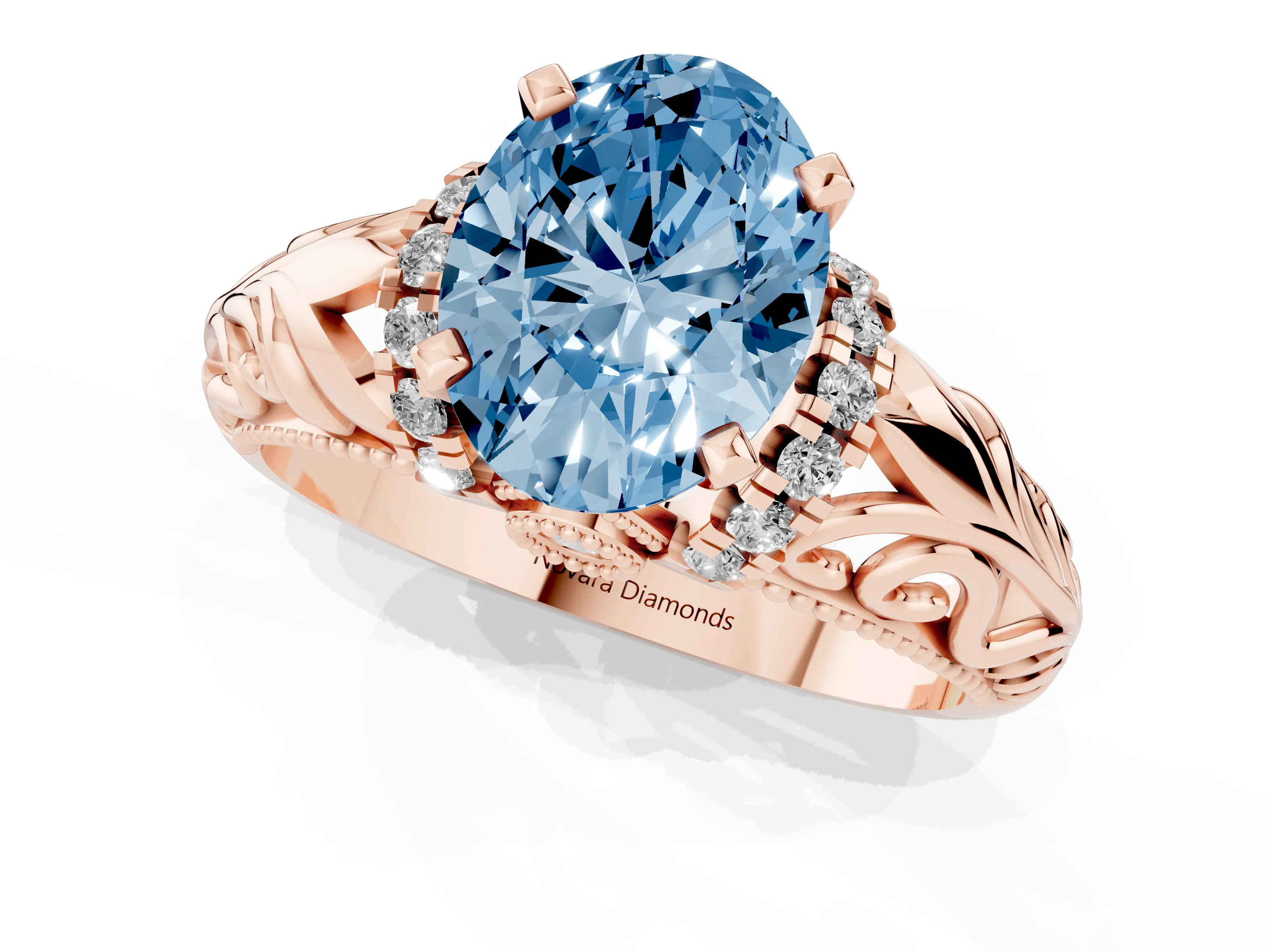 Fancy Blue Oval Cut Diamond Filigree Halo Engagement Ring Set in Rose gold with Prong Setting