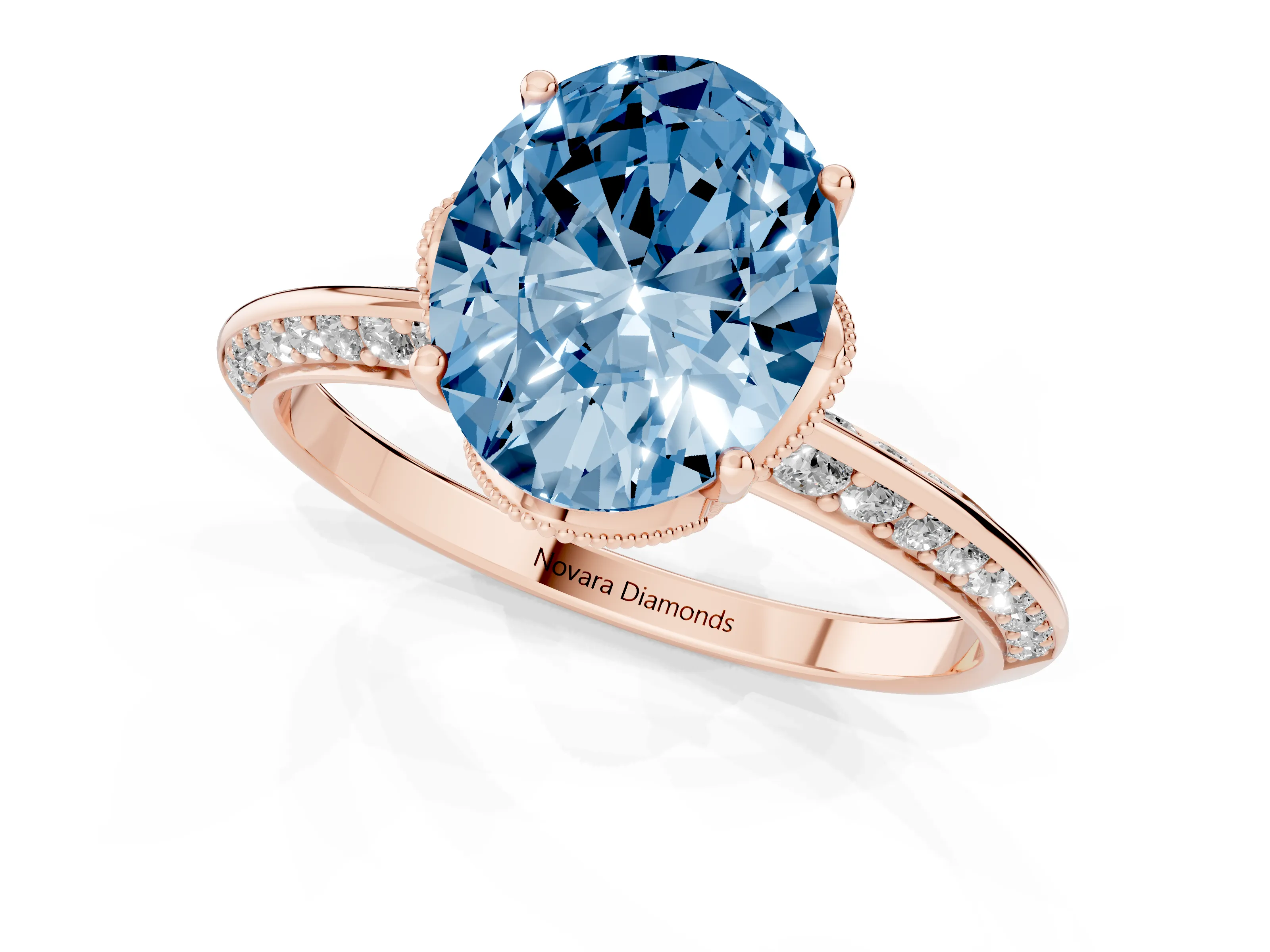 Fancy Blue Oval Cut Diamond Solitaire Engagement Ring Set in Rose gold with Pavé Split Shank and Prong Setting