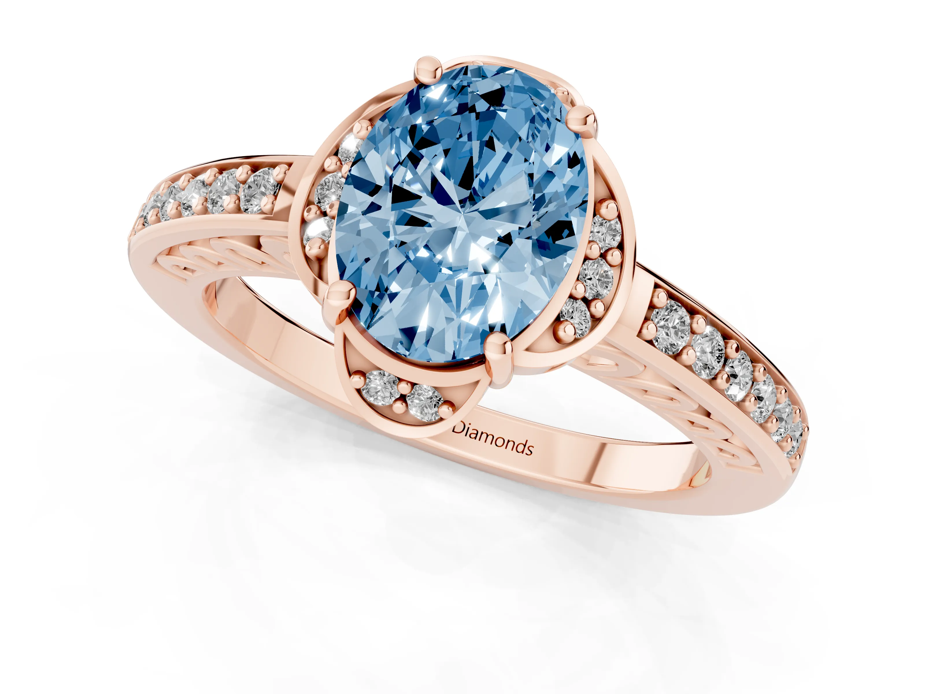 Fancy Blue Oval Cut Diamond Halo Ring Set in Rose gold with Channel Set Band and Prong Setting