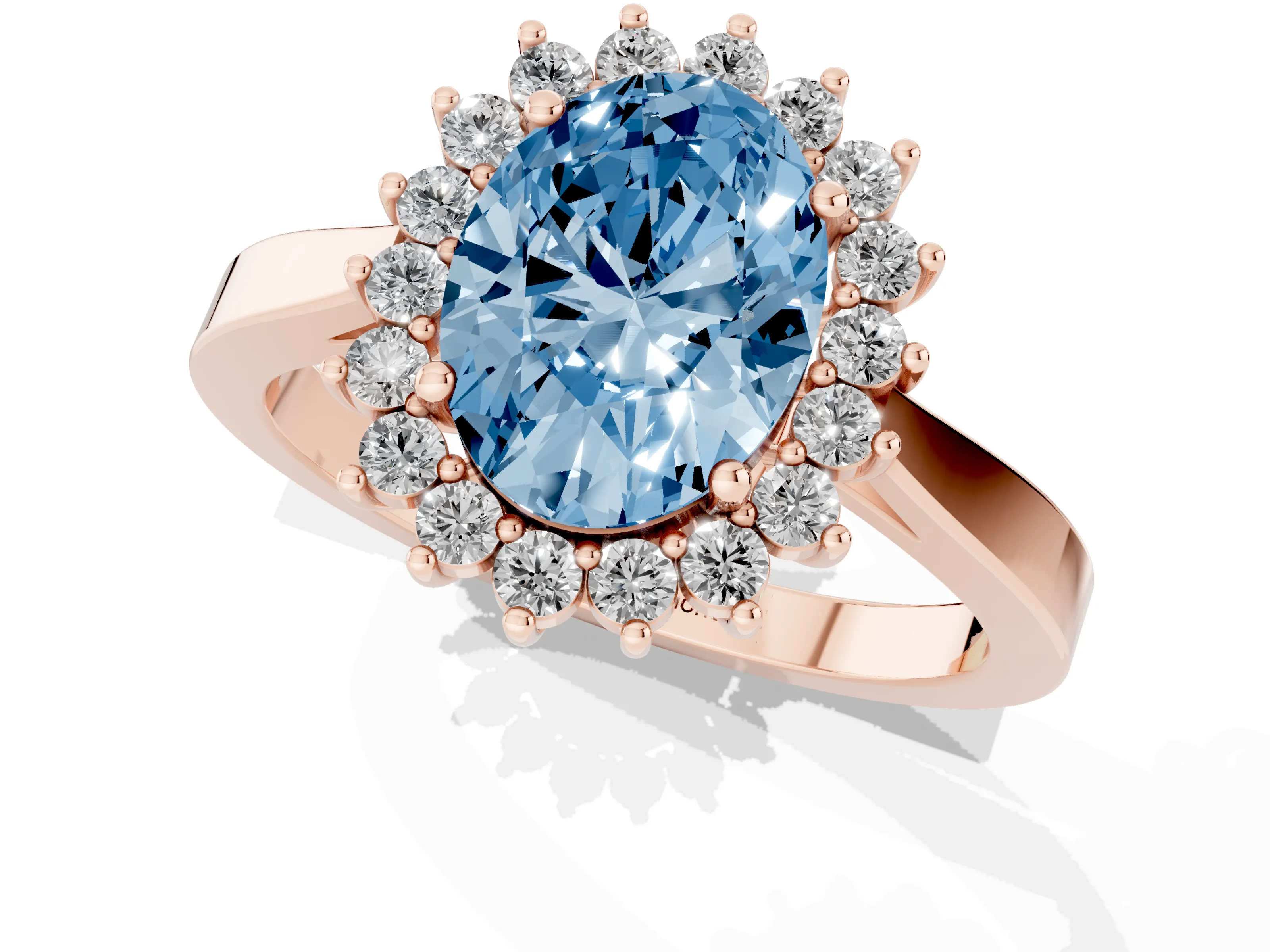 Fancy Blue Oval Cut Diamond Halo Ring Set in Rose gold with Round Halo and Smooth Solitaire Band