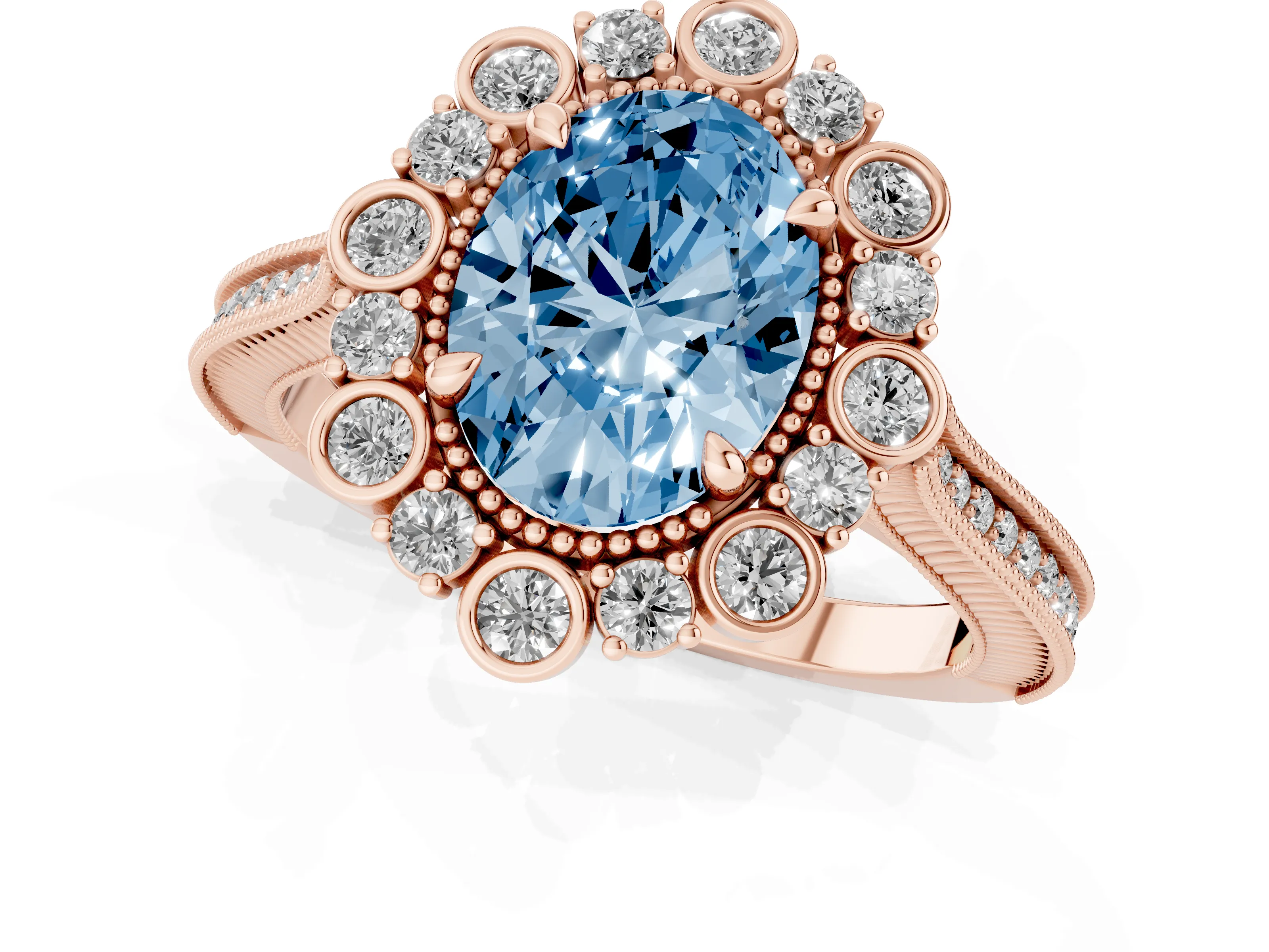 Fancy Blue Oval Cut Diamond Halo Milgrain Pavé Ring Set in Rose gold with Prong Setting
