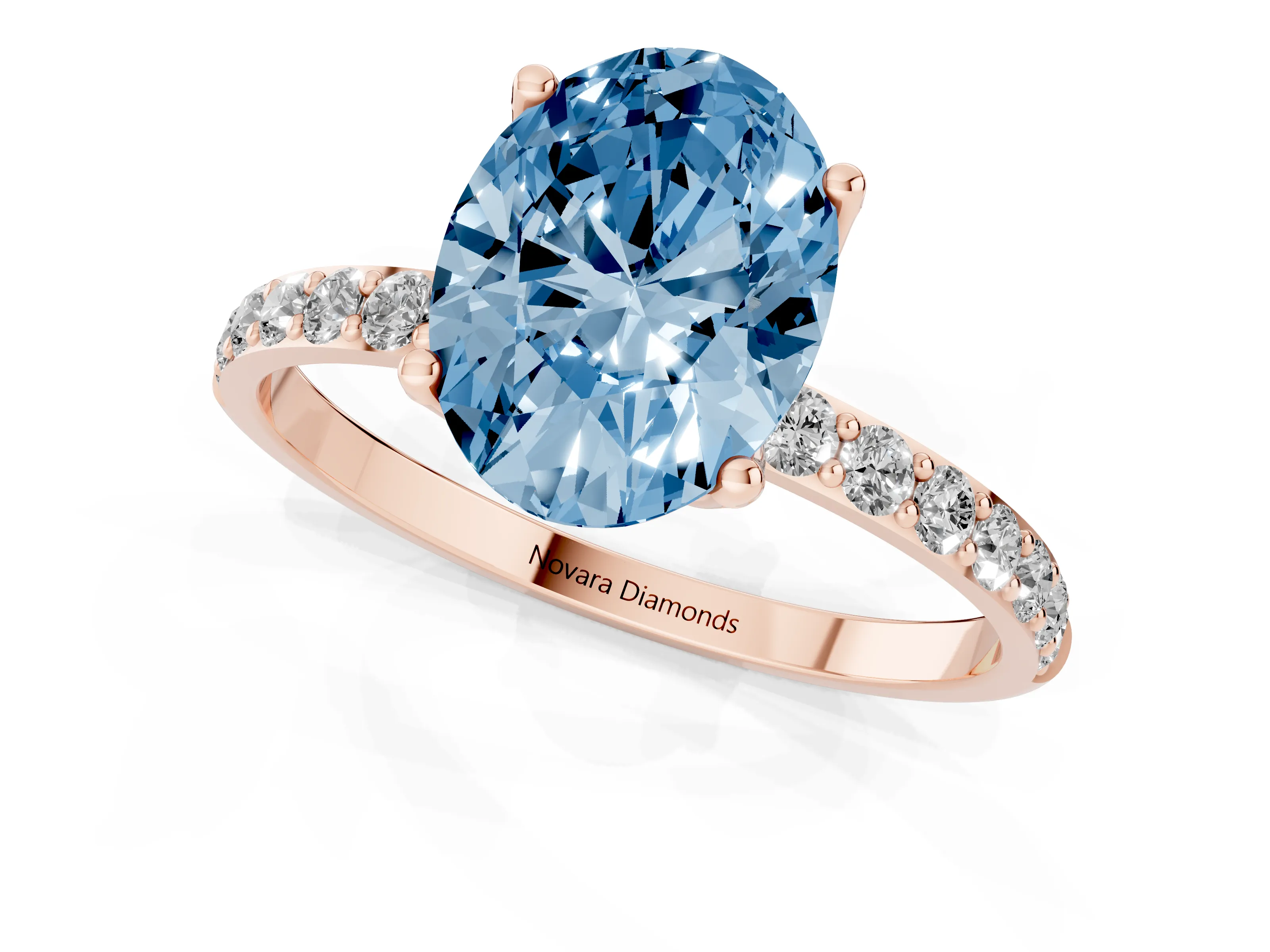 Fancy Blue Oval Cut Diamond Solitaire Engagement Ring Set in Rose gold with Round Pavé Band and Prong Setting