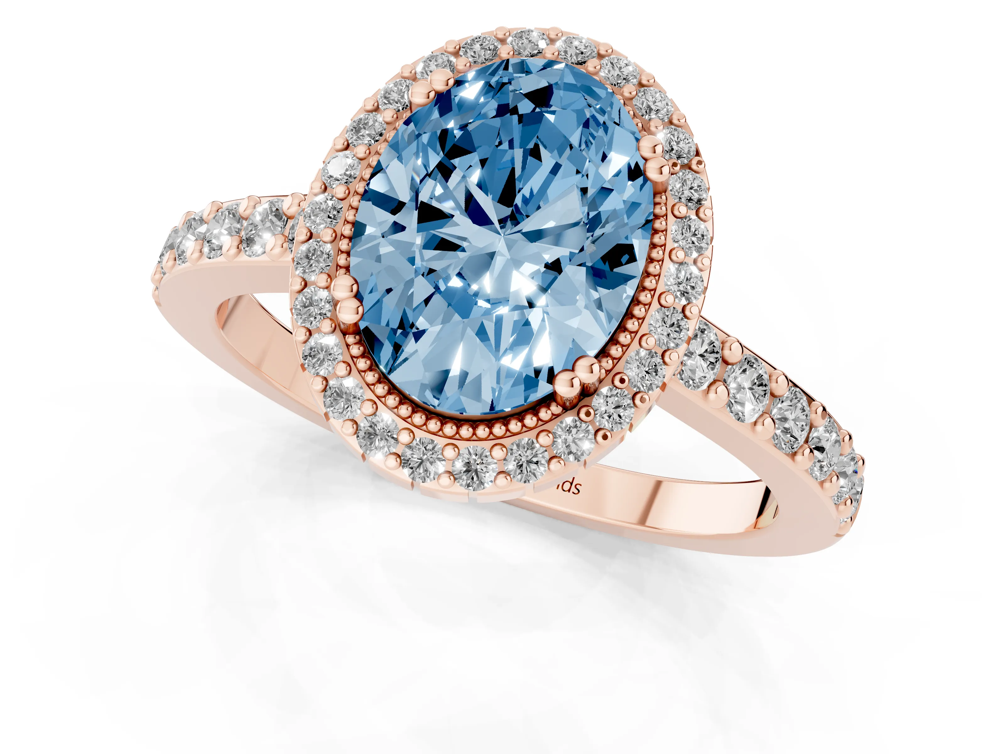 Fancy Blue Oval Cut Diamond Halo Engagement Ring Set in Rose gold with Milgrain Detail and Pavé Band