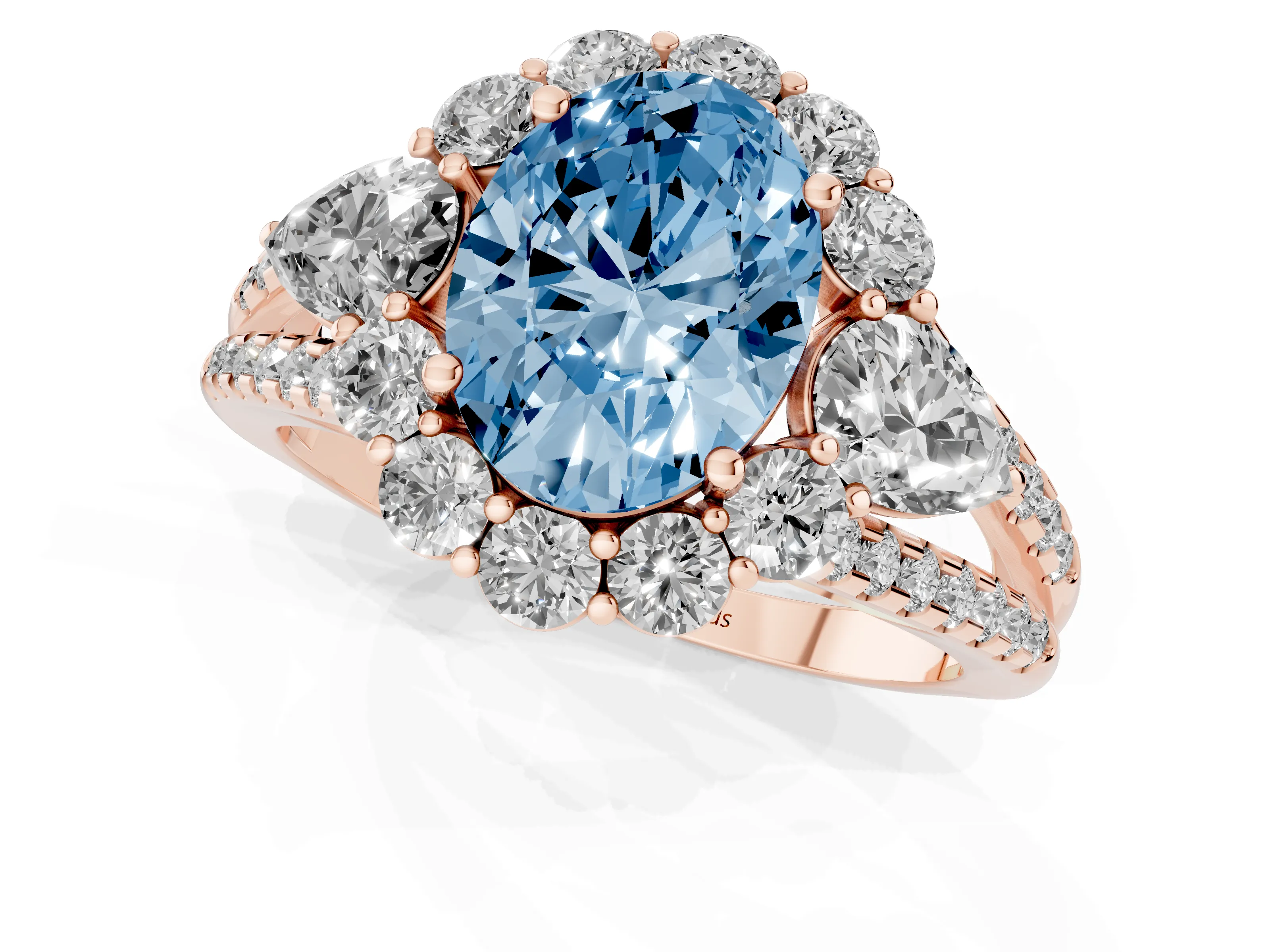 Fancy Blue Oval Cut Diamond Halo Split Shank Engagement Ring Set in Rose gold with Prong-Held Center Stone