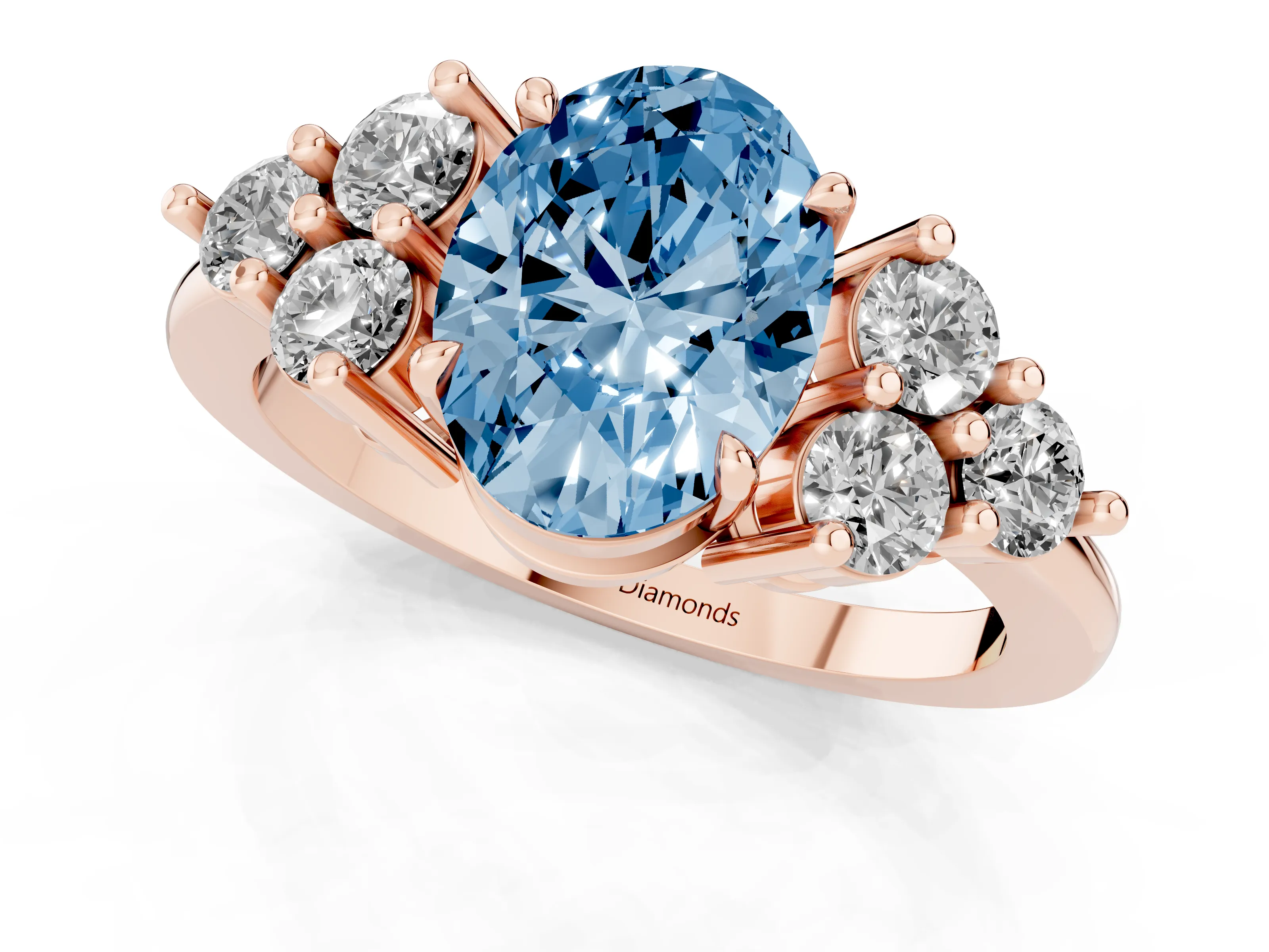 Fancy Blue Oval Cut Diamond Solitaire Ring Set in Rose gold with Cluster Accents on Each Side