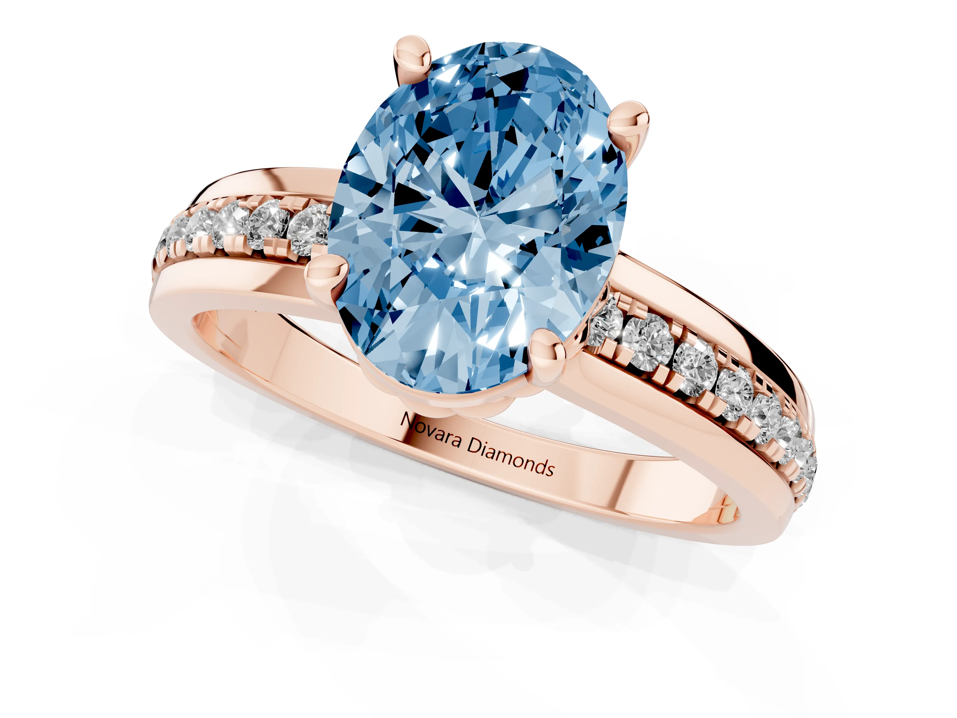 Fancy Blue Oval Cut Diamond Solitaire Ring Set in Rose gold with Channel Set Band and Prong Setting