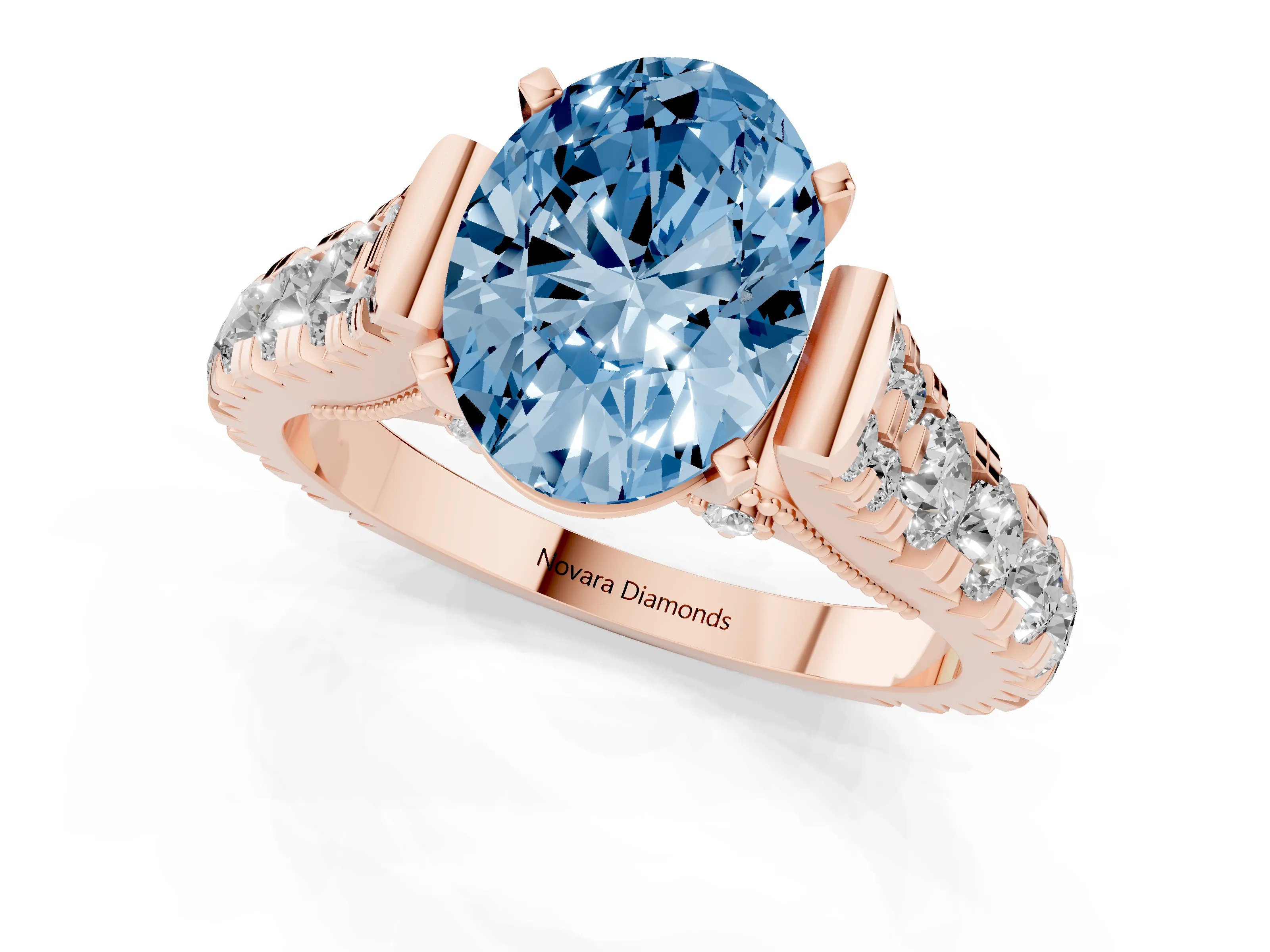 Fancy Blue Oval Cut Diamond Classic Solitaire Ring Set in Rose gold with Pavé Band and Prong Setting