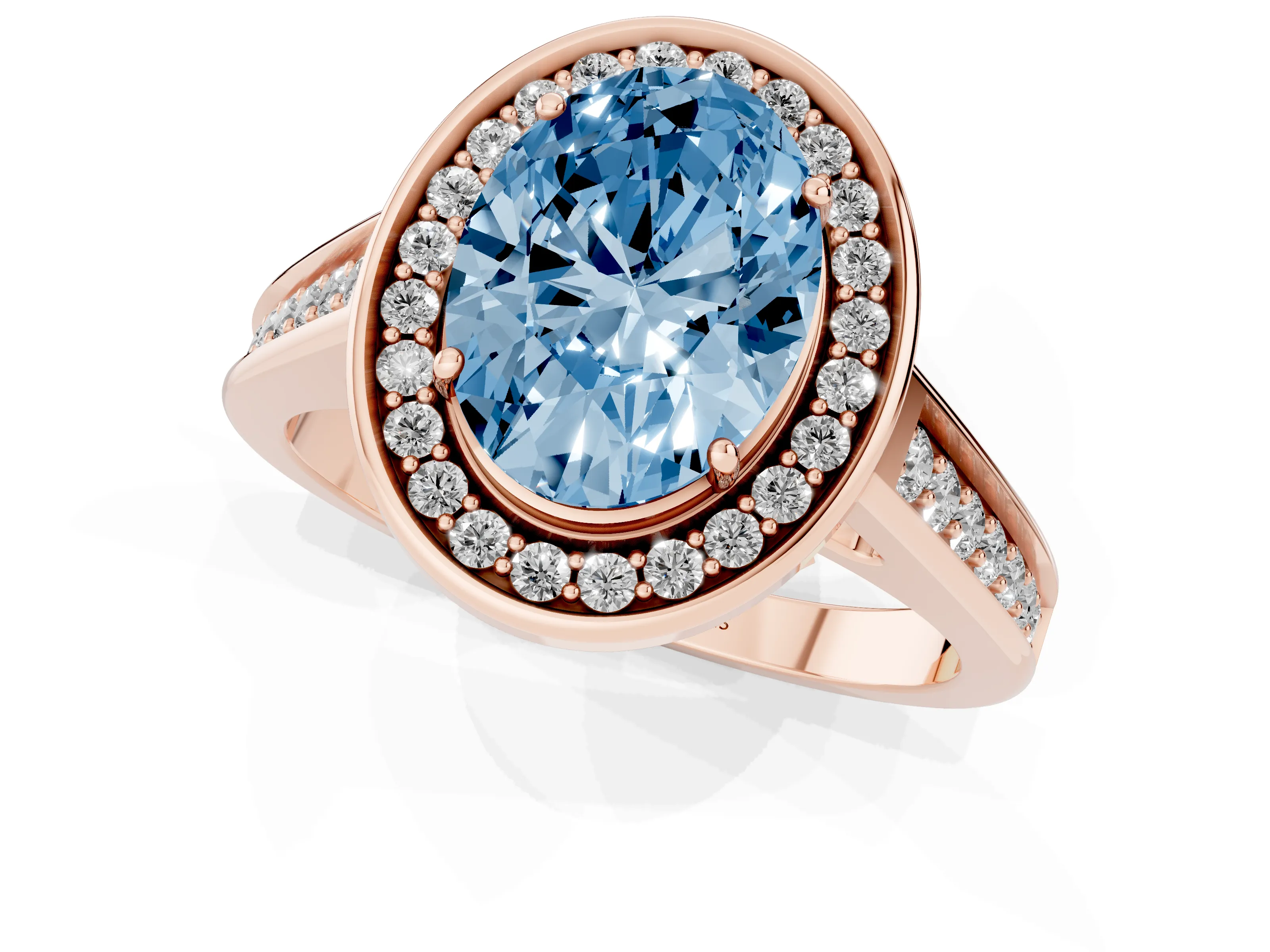 Fancy Blue Oval Cut Diamond Halo Solitaire Ring Set in Rose gold with Pavé Band and Bezel Setting