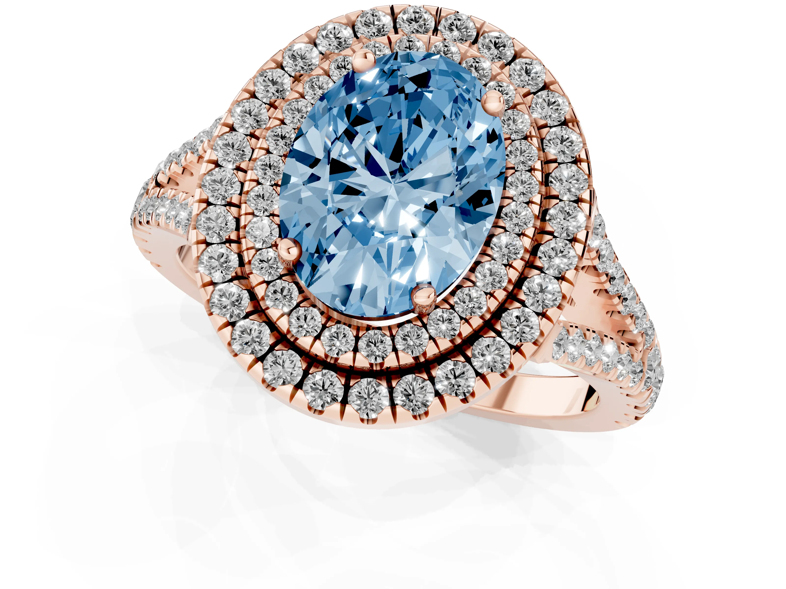 Fancy Blue Oval Cut Diamond Double Halo Ring Set in Rose gold with Pavé Band