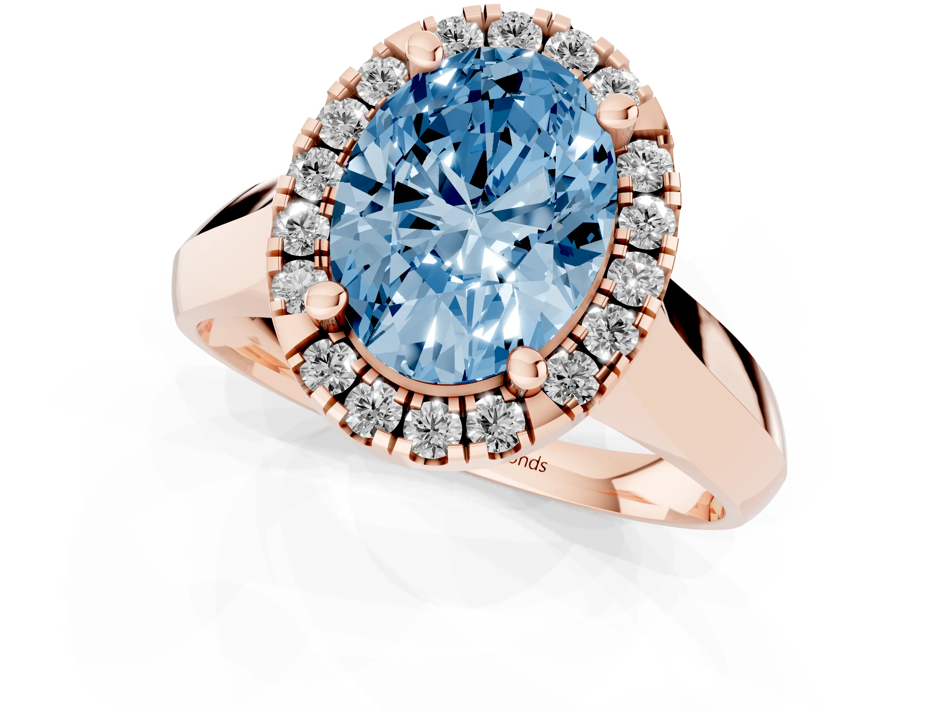 Fancy Blue Oval Cut Diamond Halo Solitaire Engagement Ring Set in Rose gold with Square Band and Prong Setting