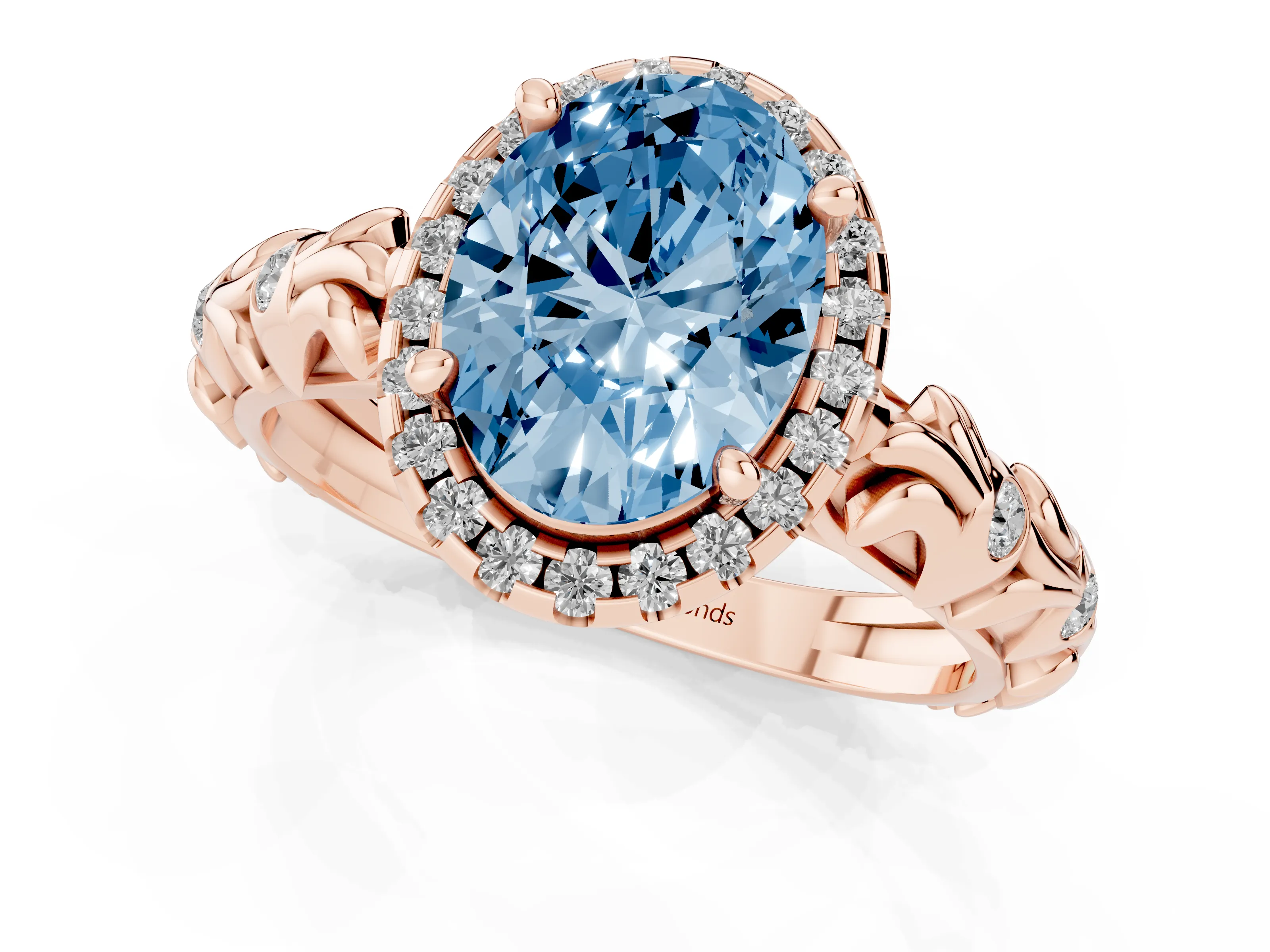 Fancy Blue Oval Cut Diamond Halo Ring Set in Rose gold with Filigree Leaf Band and Prong Setting