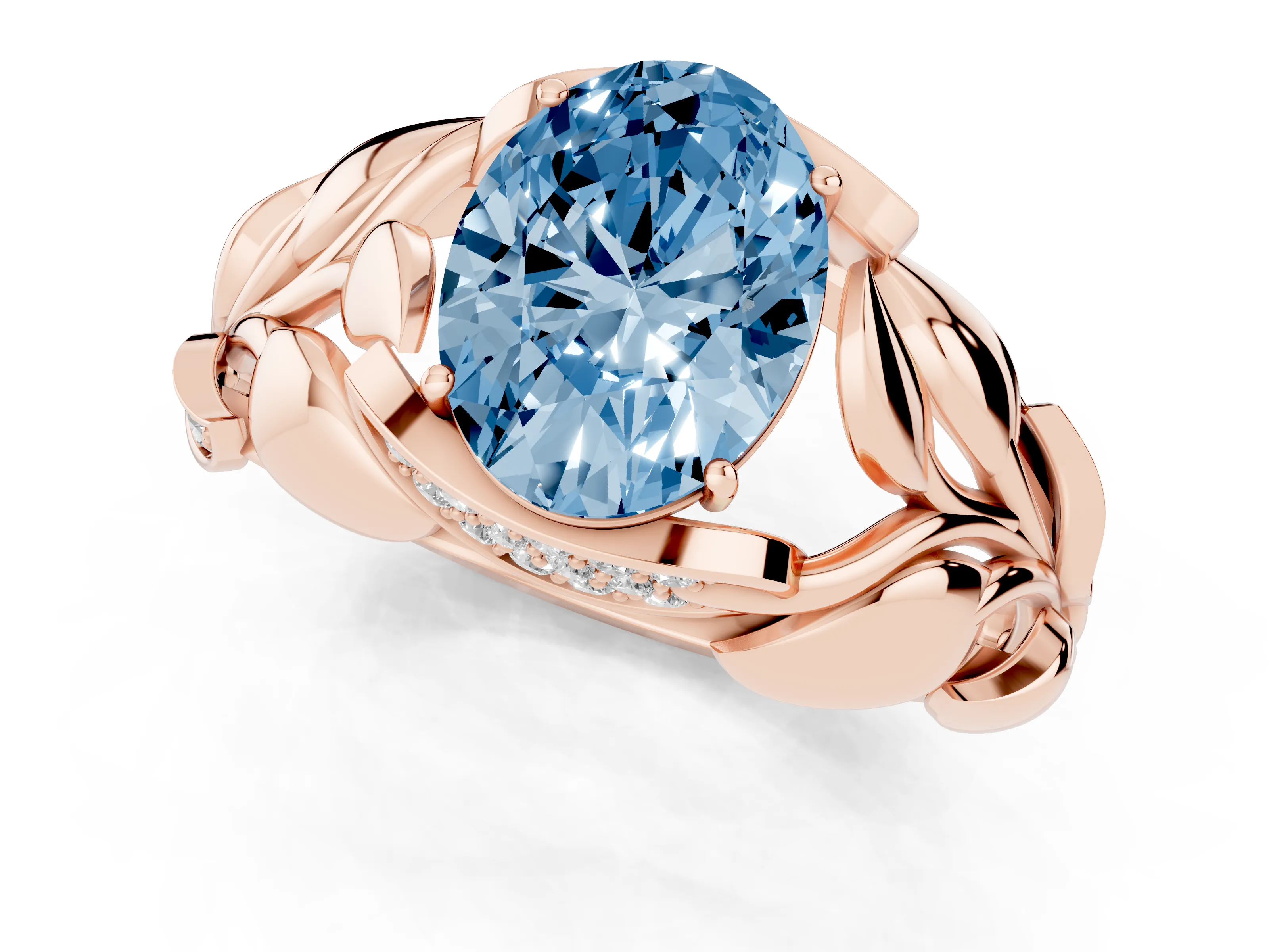 Fancy Blue Oval Cut Diamond Leaf-Inspired Engagement Ring Set in Rose gold with Round Accents