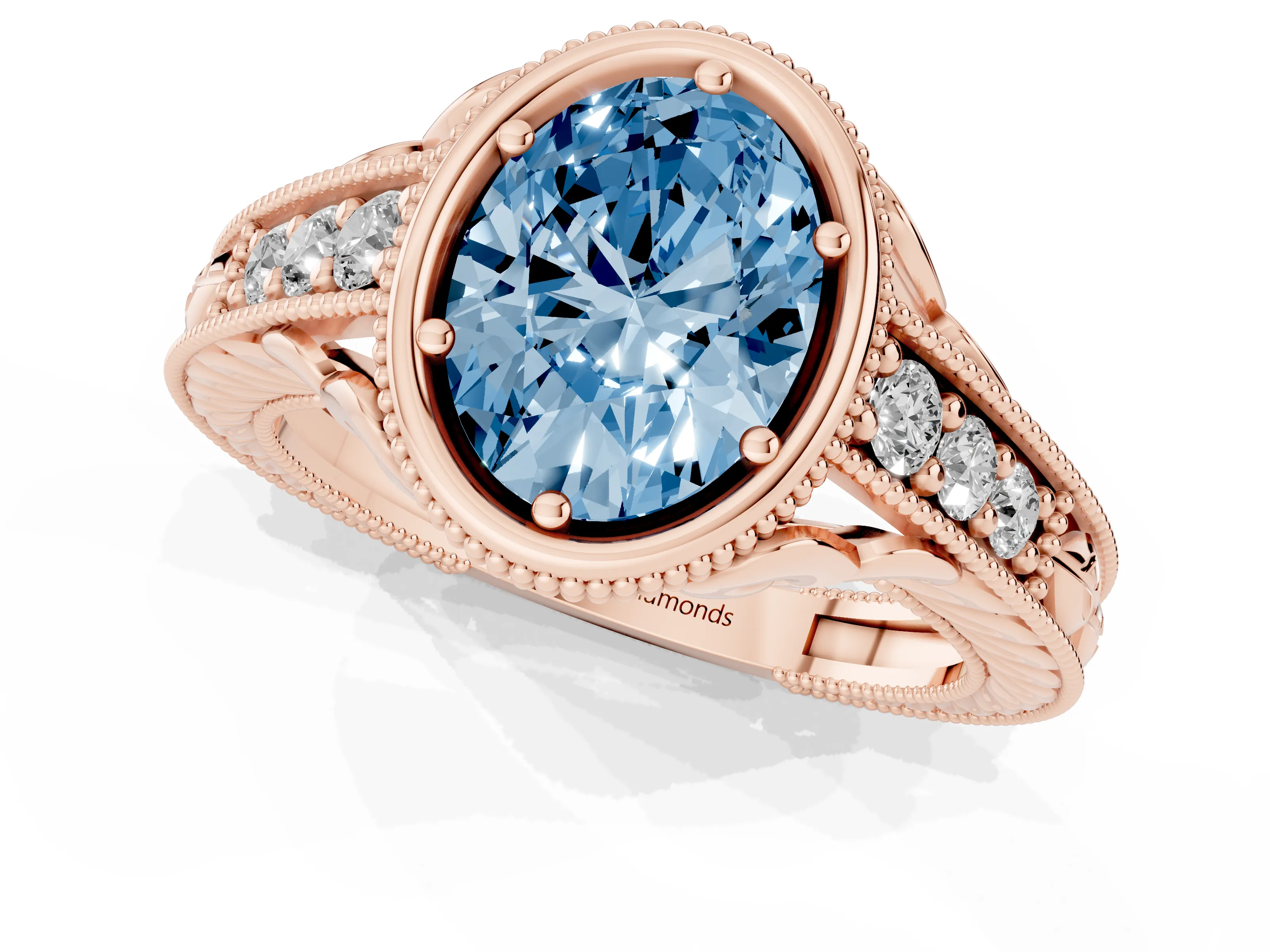 Fancy Blue Bezel Set Oval Cut Diamond Milgrain Pavé Engagement Ring Set in Rose gold