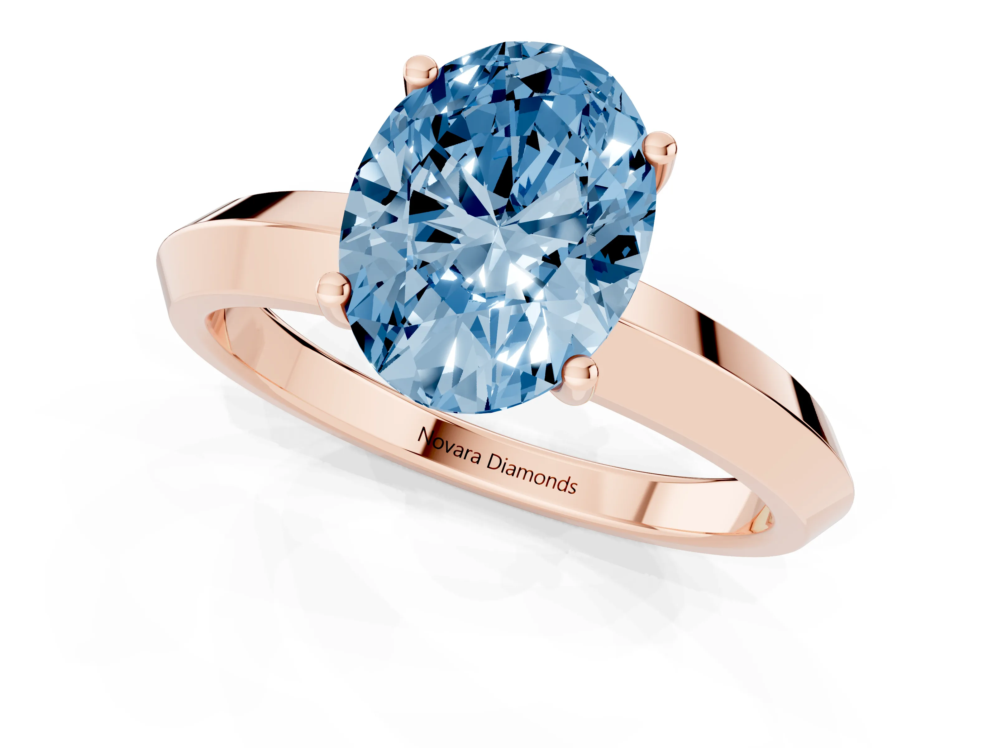 Fancy Blue Oval Cut Diamond Solitaire Engagement Ring Set in Rose gold with Flat Band and Prong Setting