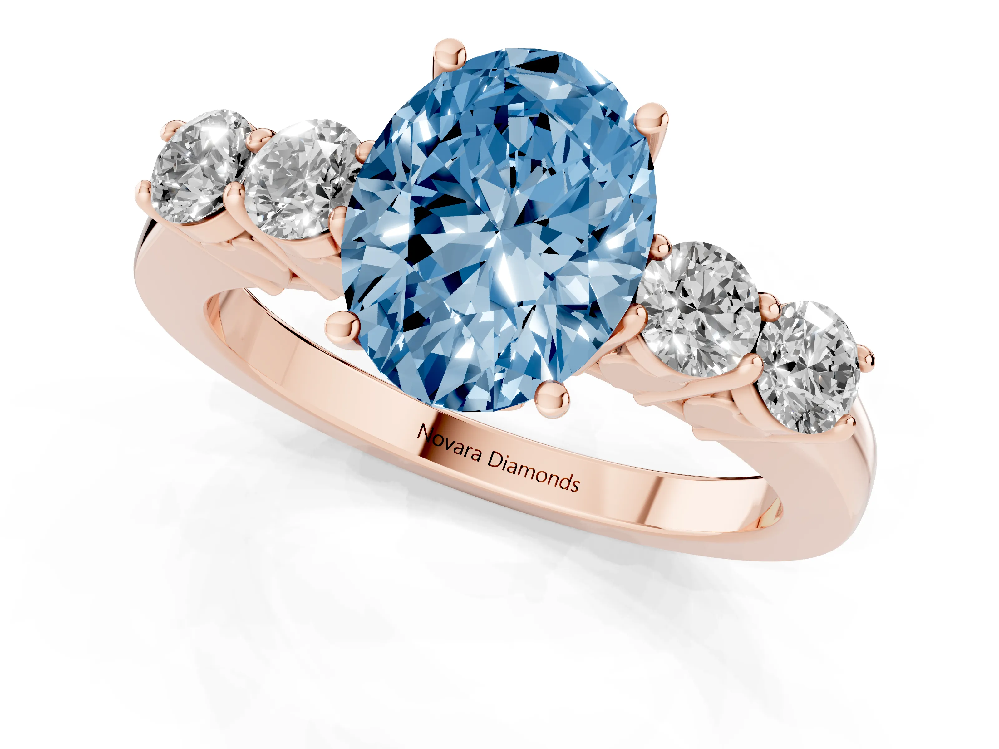 Fancy Blue Oval Cut Diamond Five-Stone Prong Set Band Ring Set in Rose gold with Polished Band