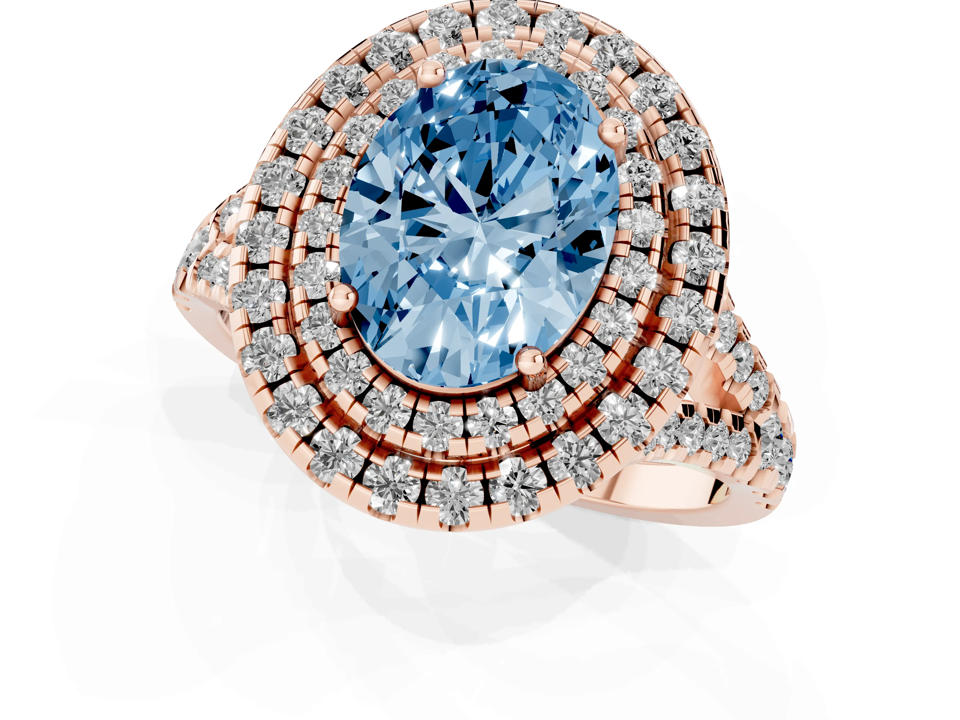 Fancy Blue Oval Cut Diamond Double Halo Ring Set in Rose gold with Pavé Split Shank and Prong Setting
