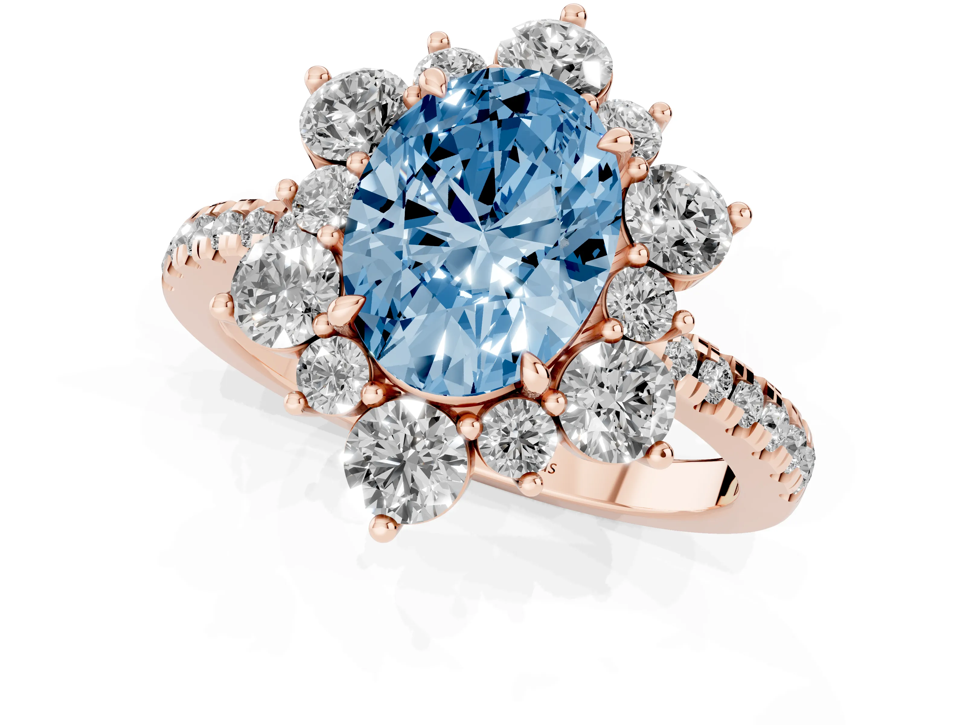 Fancy Blue Oval Cut Diamond Floral Halo Ring Set in Rose gold with Round Pavé Band and Prong Setting