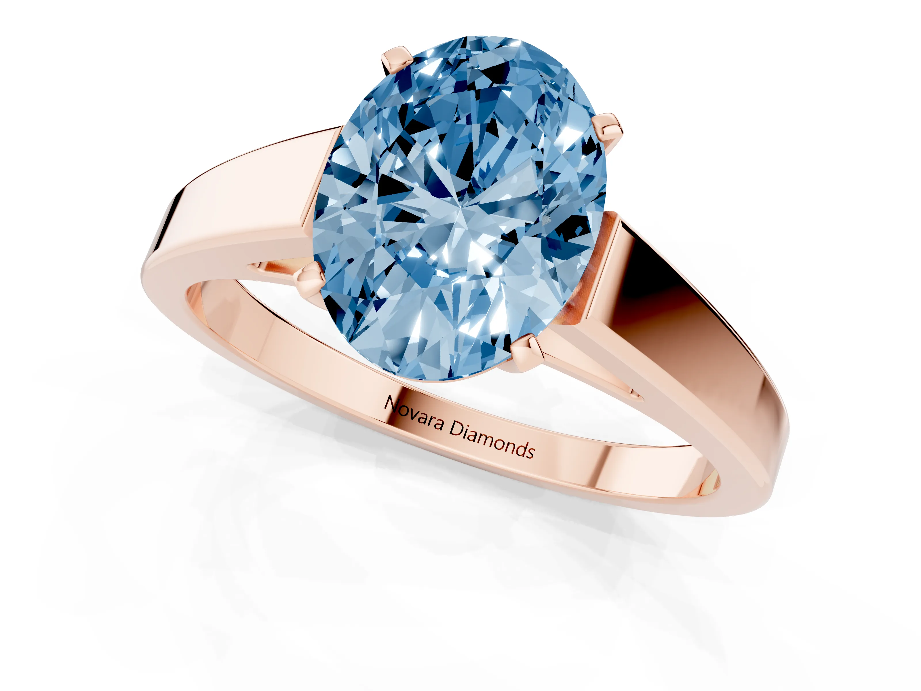 Fancy Blue Oval Cut Diamond Solitaire Engagement Ring Set in Rose gold with Prong Setting and Tapered Band