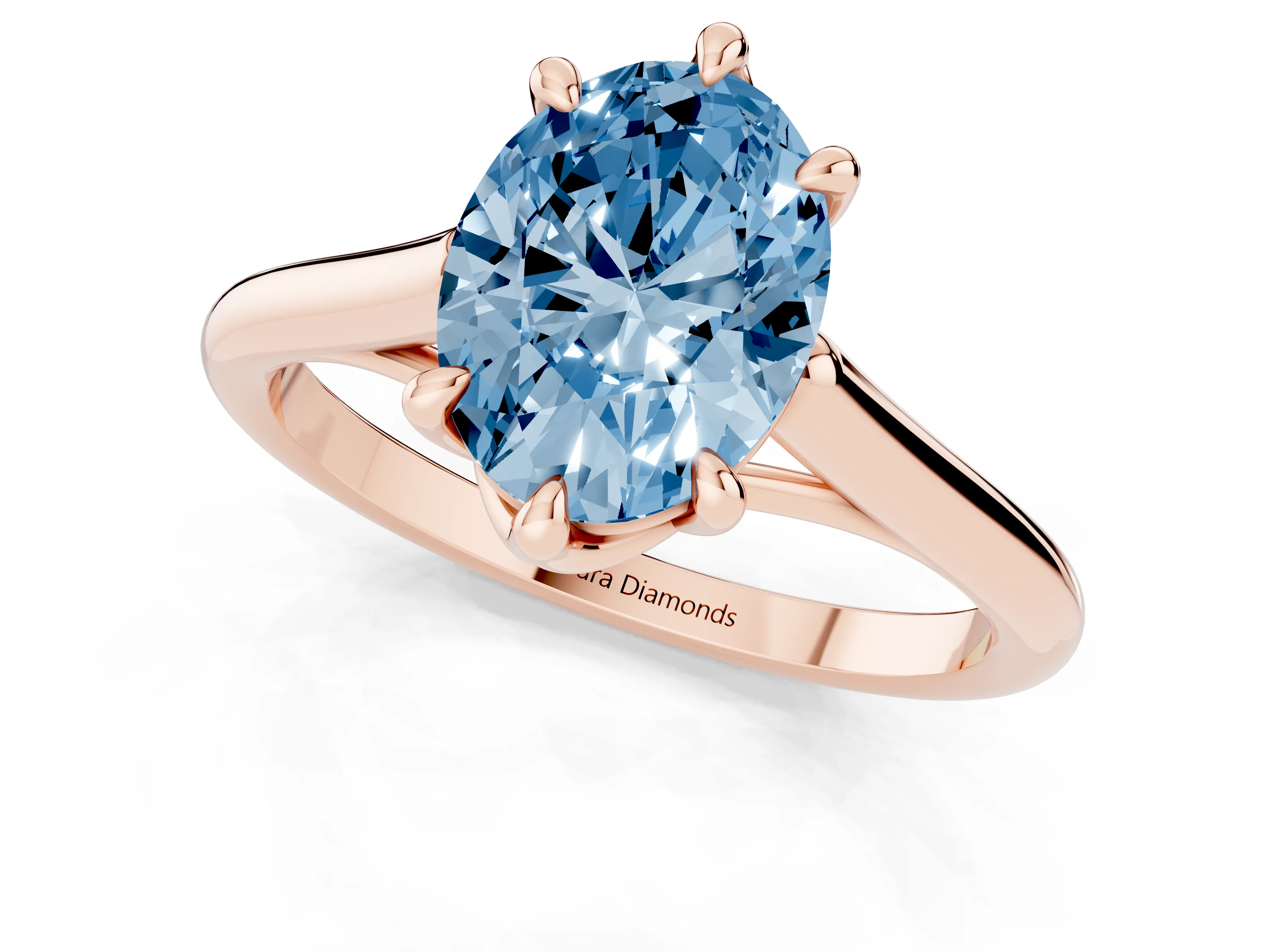 Fancy Blue Oval Cut Diamond Solitaire Engagement Ring Set in Rose gold with Prong Setting and Plain Classic Band