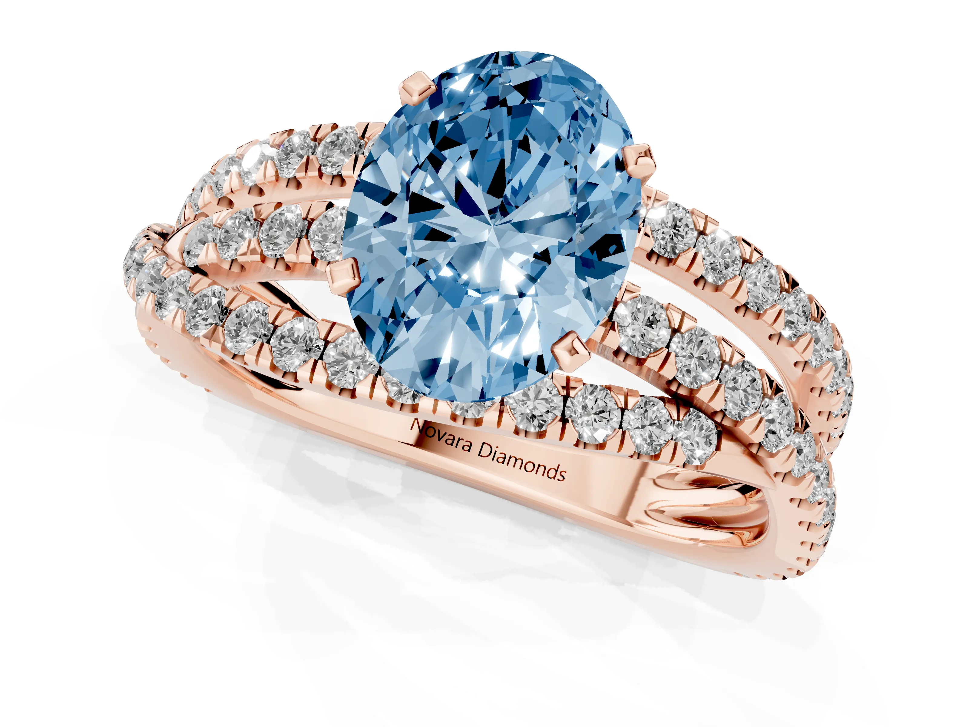 Fancy Blue Oval Cut Diamond Solitaire Twist Band Ring Set in Rose gold with Pavé Setting and Prong Head