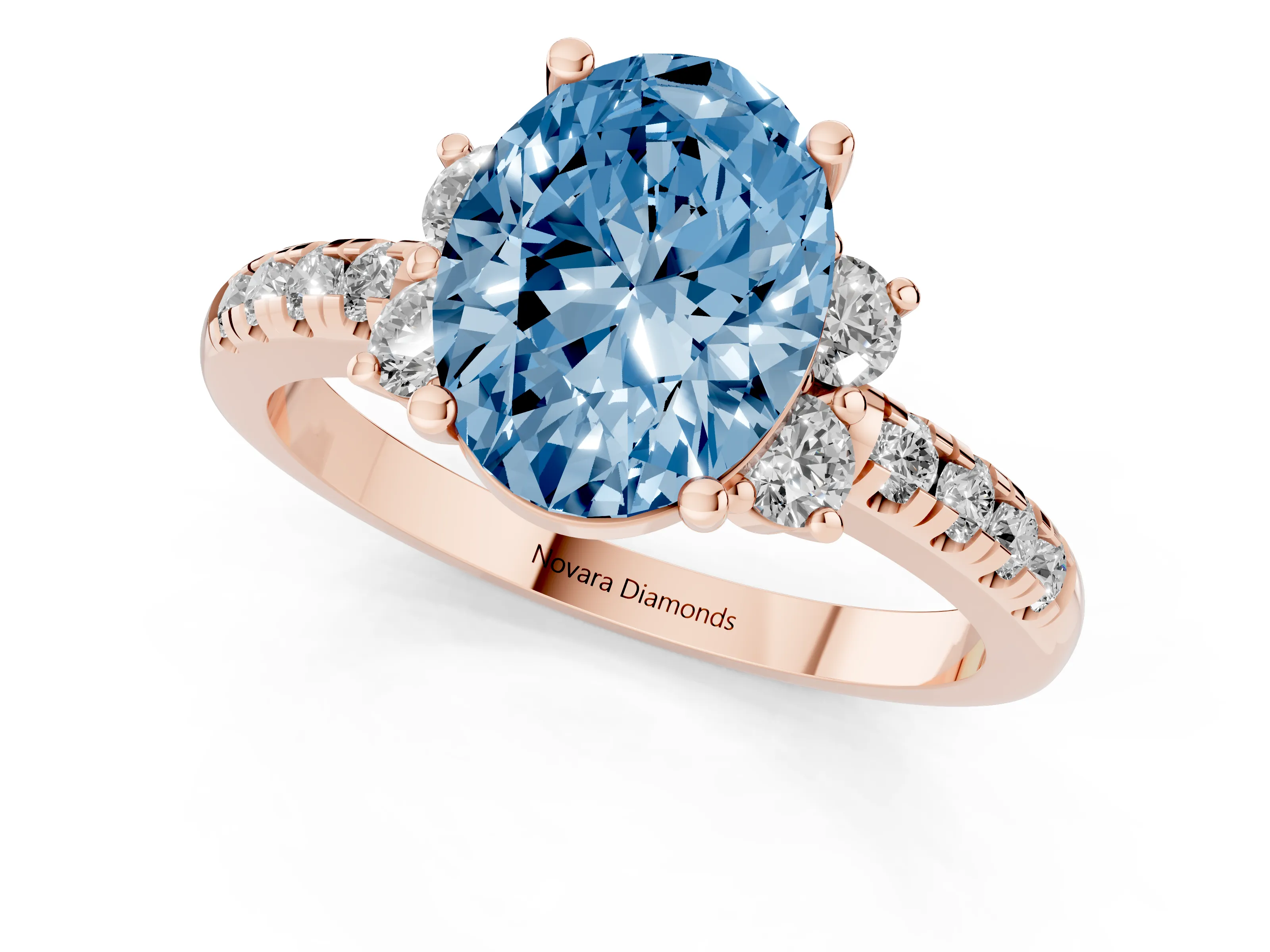 Fancy Blue Oval Cut Diamond Three-Stone Pavé Ring Set in Rose gold with Prong Setting
