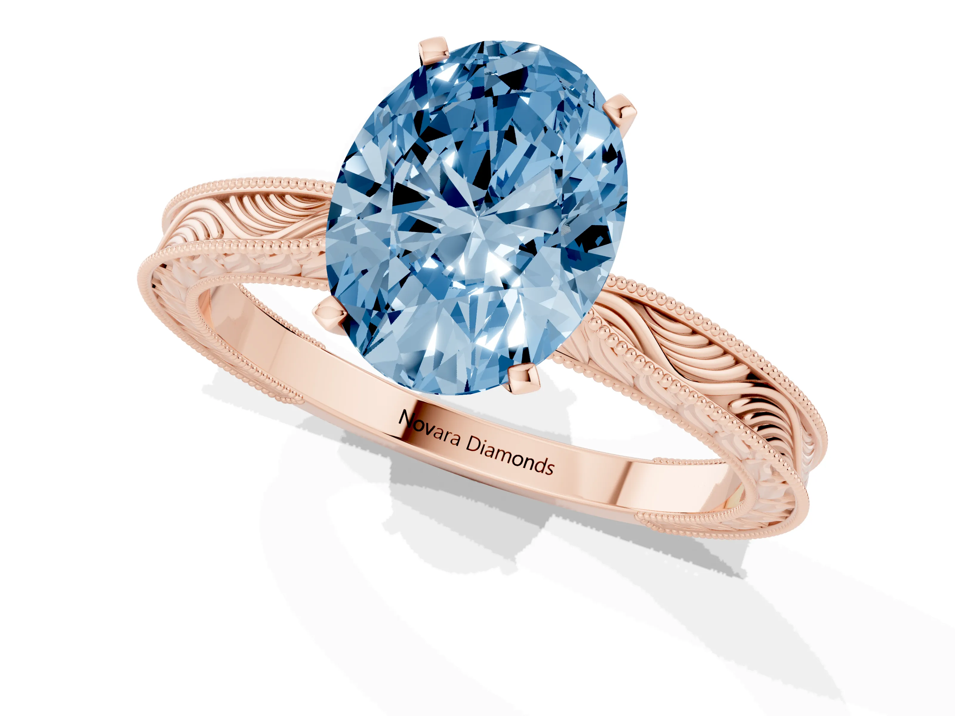 Fancy Blue Oval Cut Diamond Solitaire Milgrain Engraved Band Set in Rose gold with Prong Setting