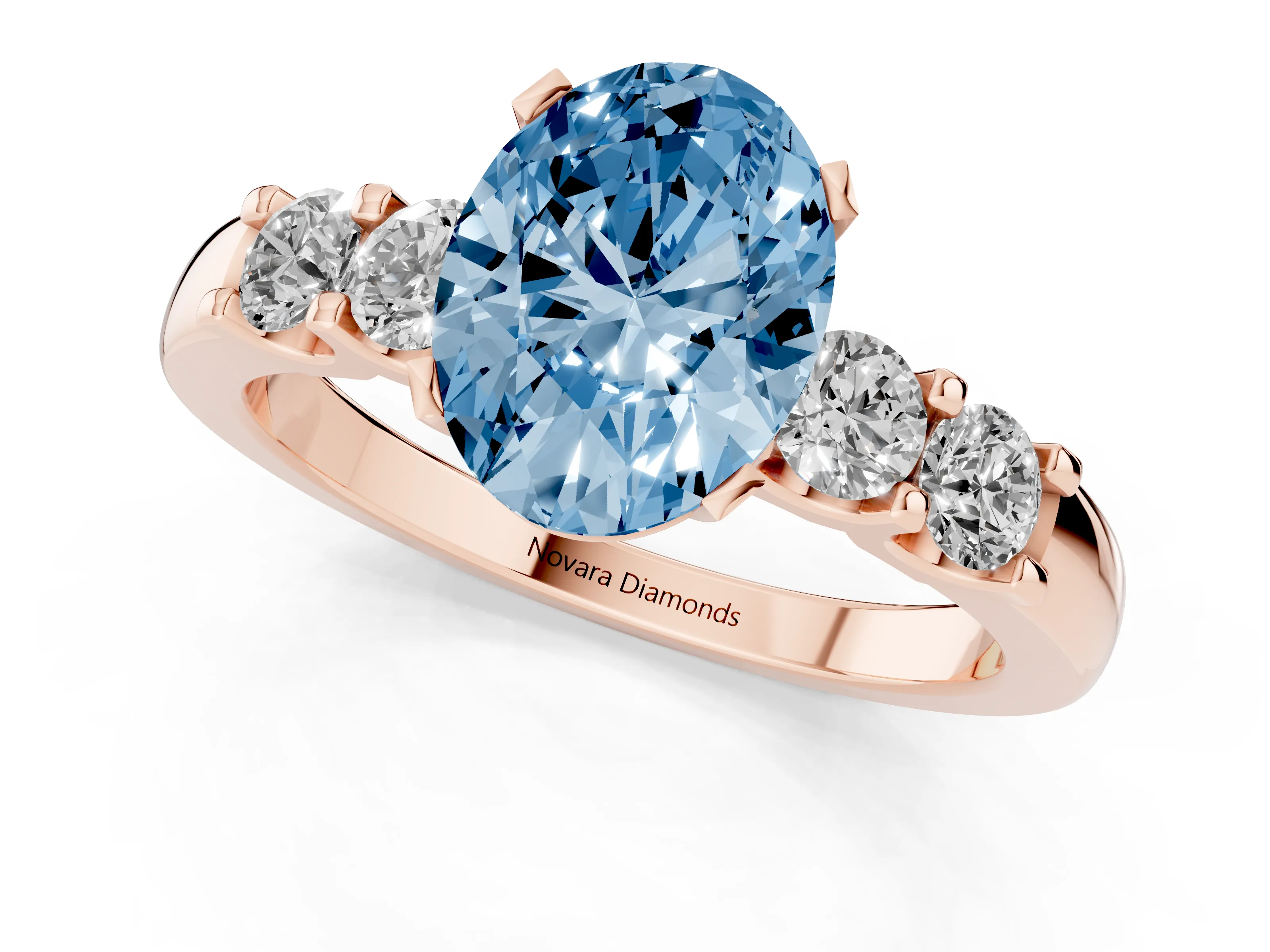 Fancy Blue Oval Cut Diamond Five-Stone Prong Set Engagement Ring Set in Rose gold with Channel Band
