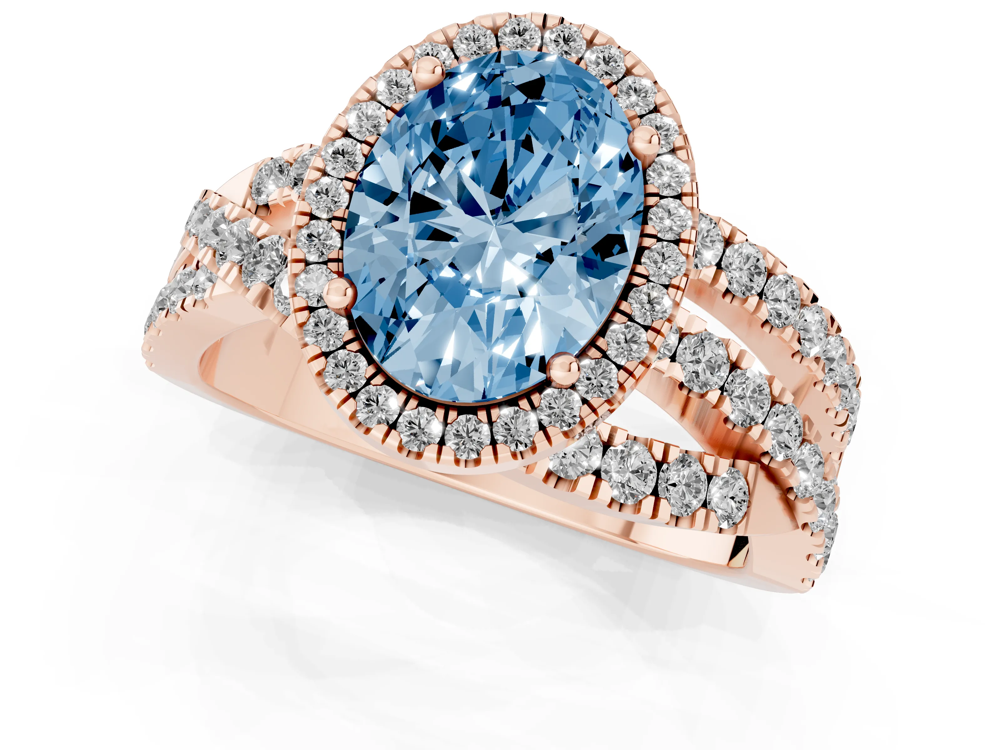Fancy Blue Oval Cut Diamond Halo Ring Set in Rose gold with Round Crossover Split Shank and Prong Setting