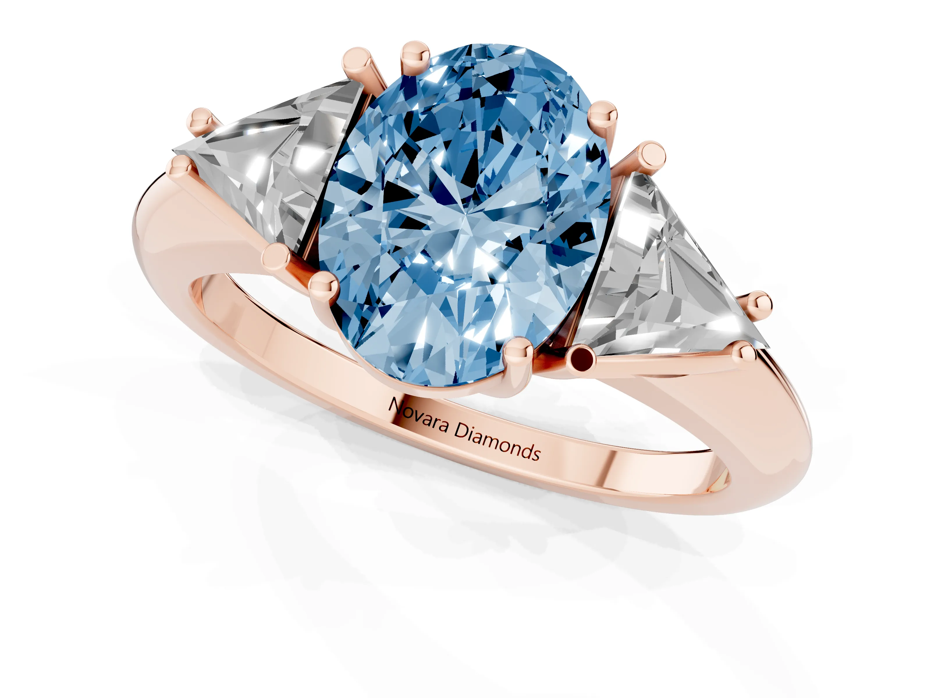 Fancy Blue Oval Cut Diamond Three-Stone Engagement Ring Set in Rose gold with Trillion Side Stones