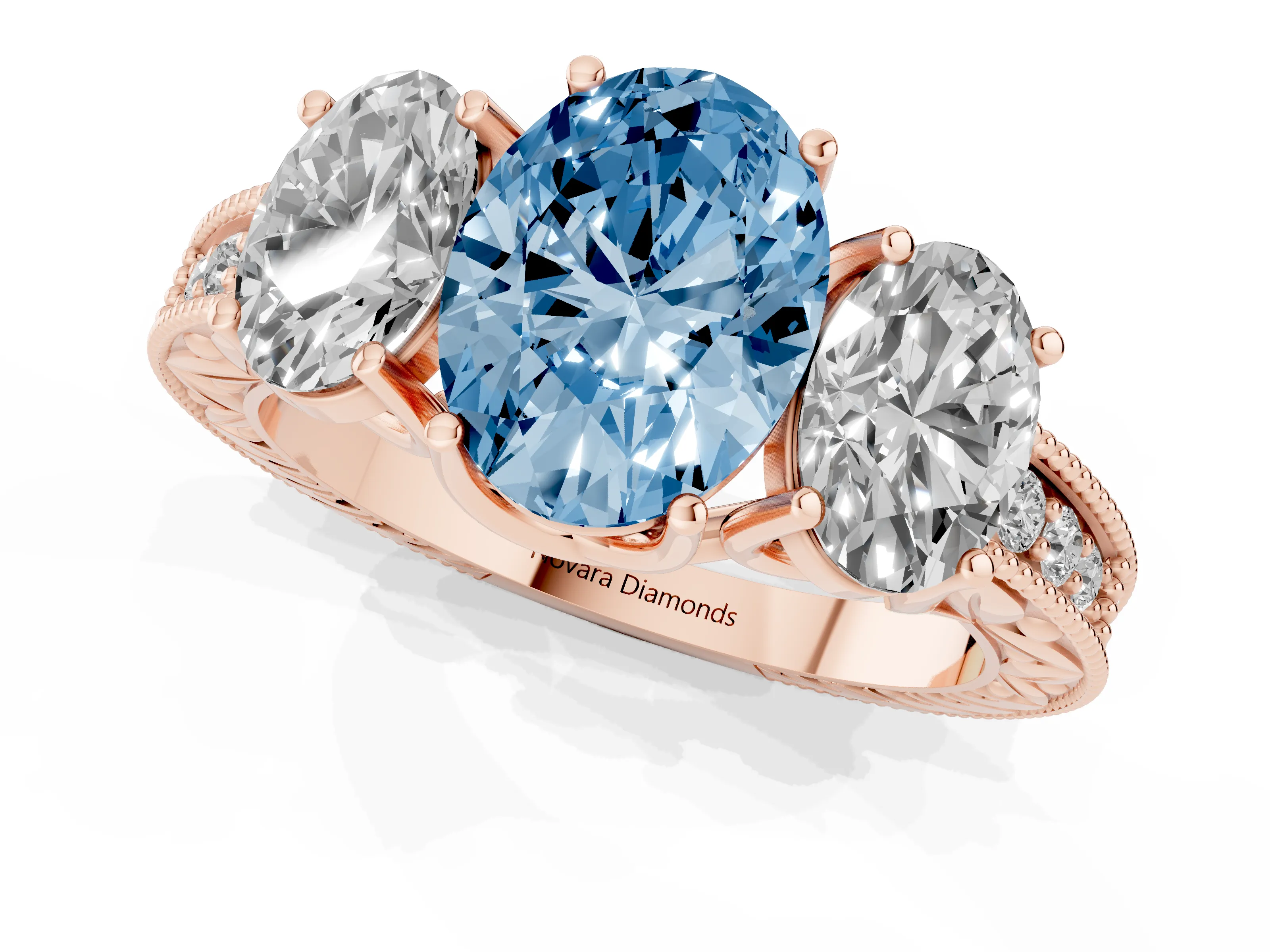 Fancy Blue Oval Cut Diamond Three-Stone Engagement Ring Set in Rose gold with Milgrain Pavé Band