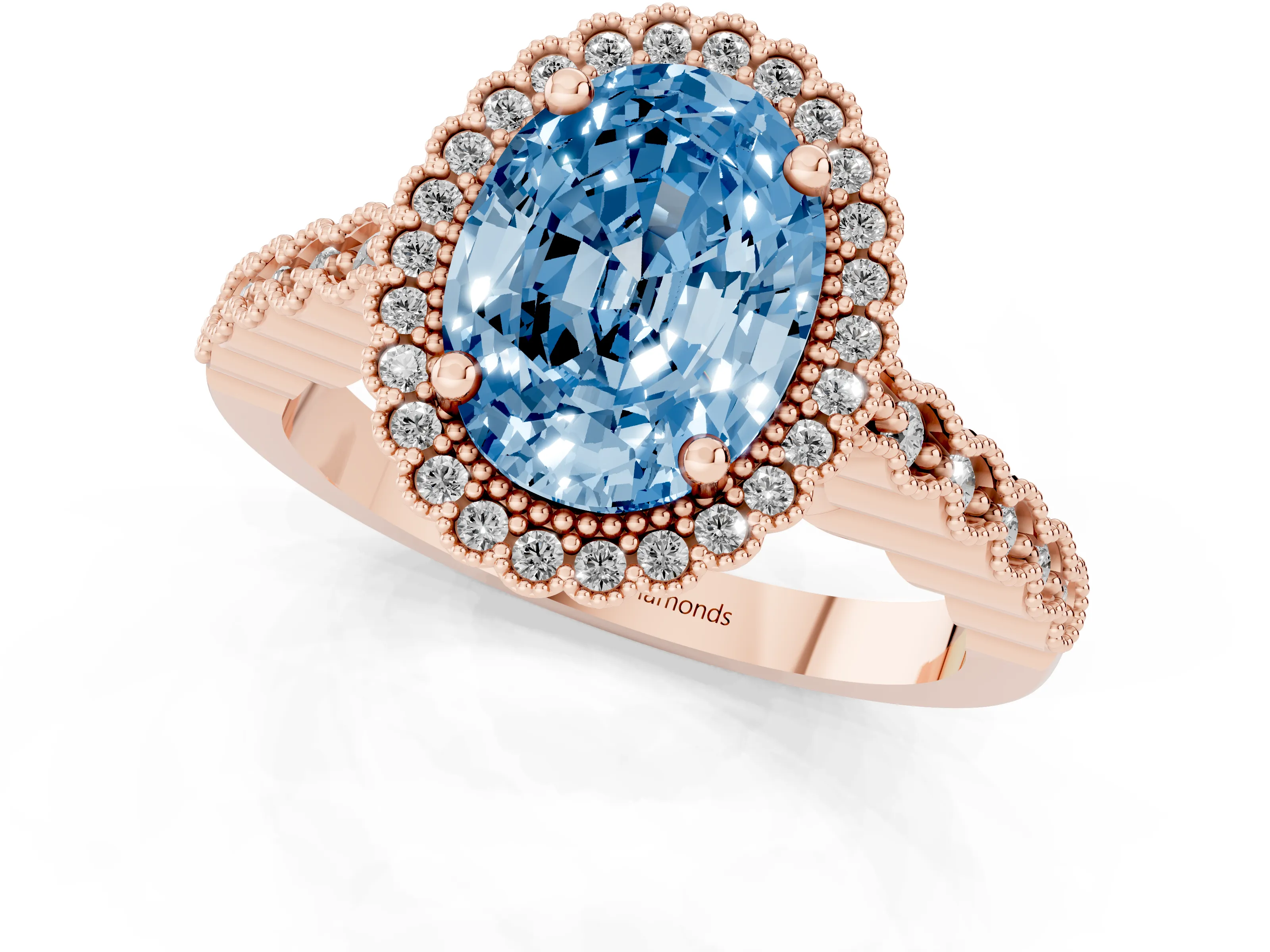Fancy Blue Oval Cut Diamond Halo Ring Set in Rose gold with Pavé Milgrain Band