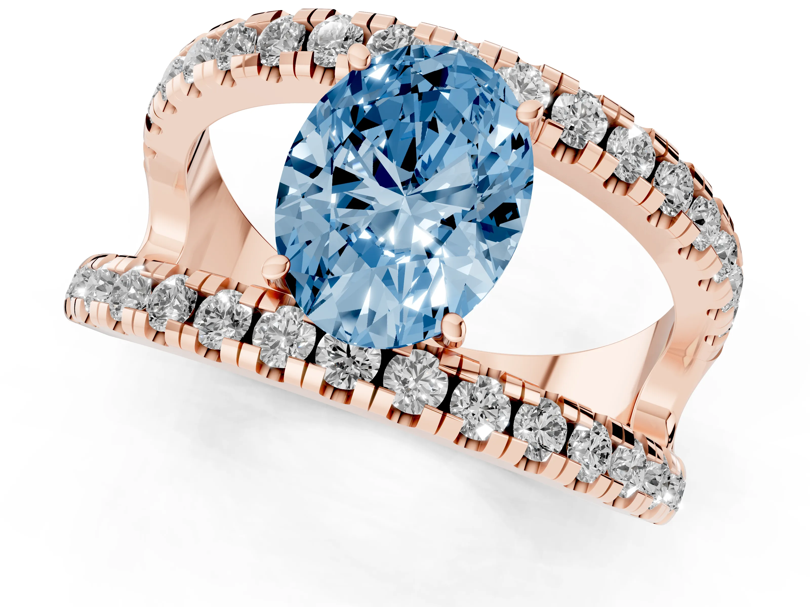 Fancy Blue Oval Cut Diamond Split Shank Pavé Solitaire Ring Set in Rose gold with Open Shank Design