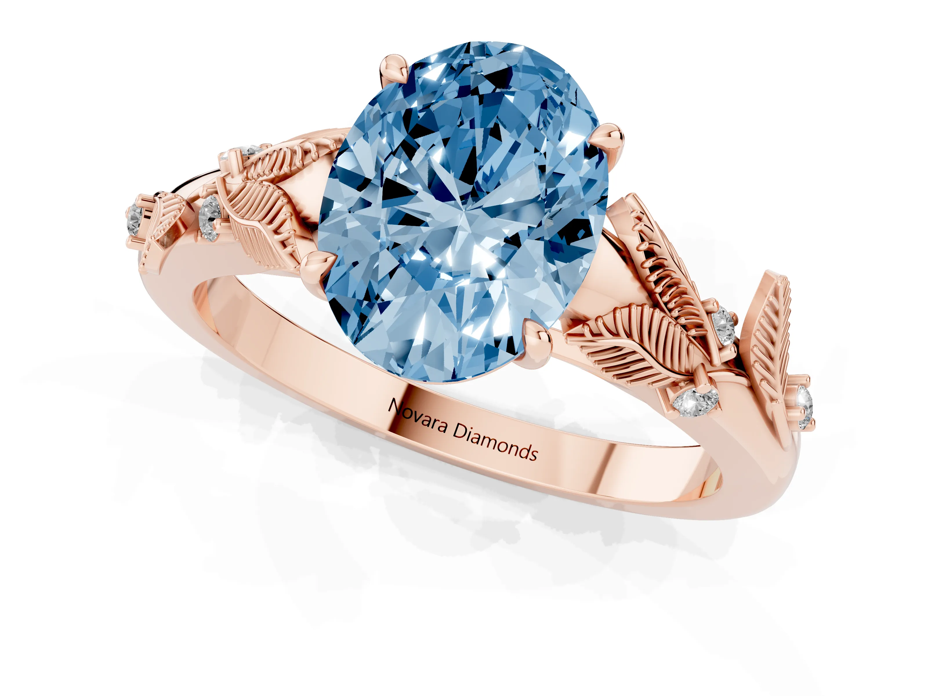 Fancy Blue Oval Cut Diamond Solitaire Ring Set in Rose gold with Leaf Motif Band