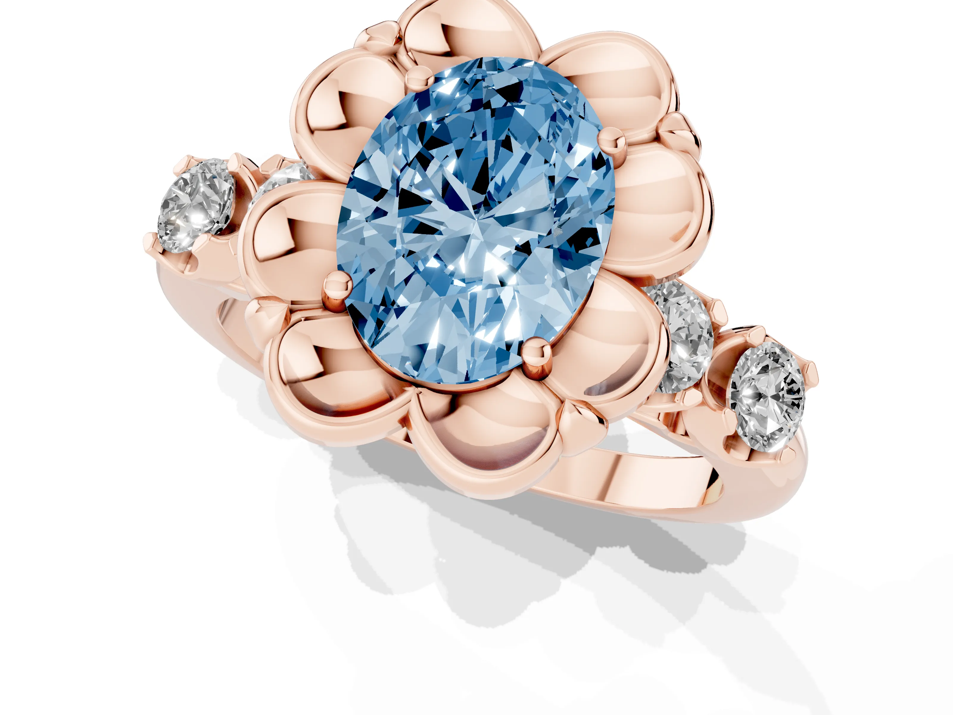 Fancy Blue Oval Cut Diamond Floral Halo Ring Set in Rose gold with Shared Prong Band