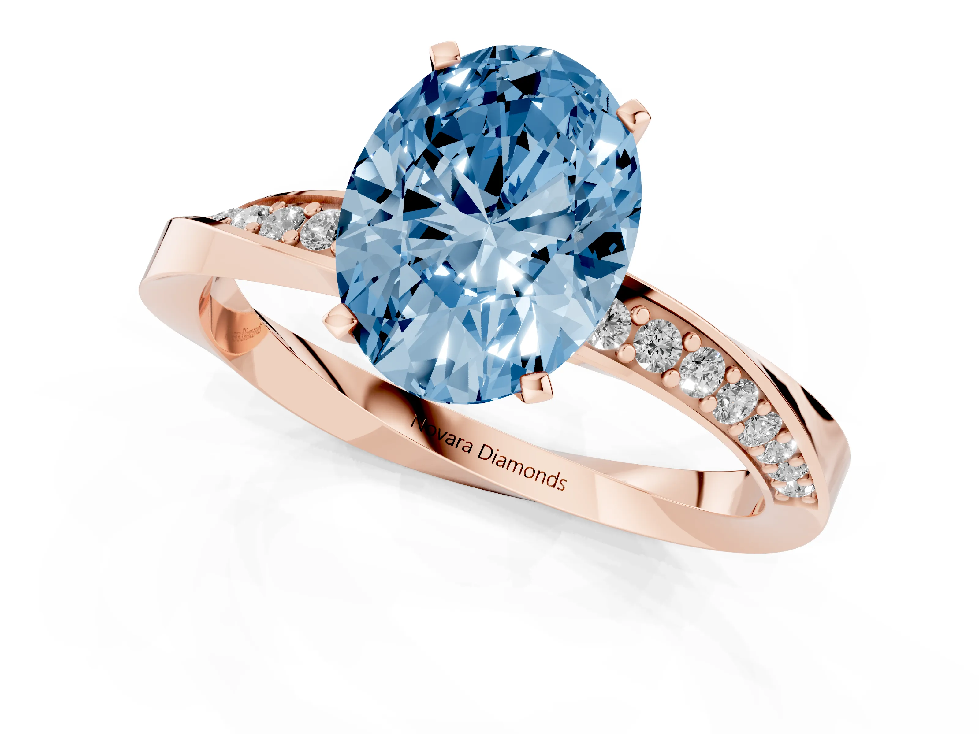 Fancy Blue Oval Cut Diamond Engagement Ring Set in Rose gold with Side Stone Accents and Prong Setting