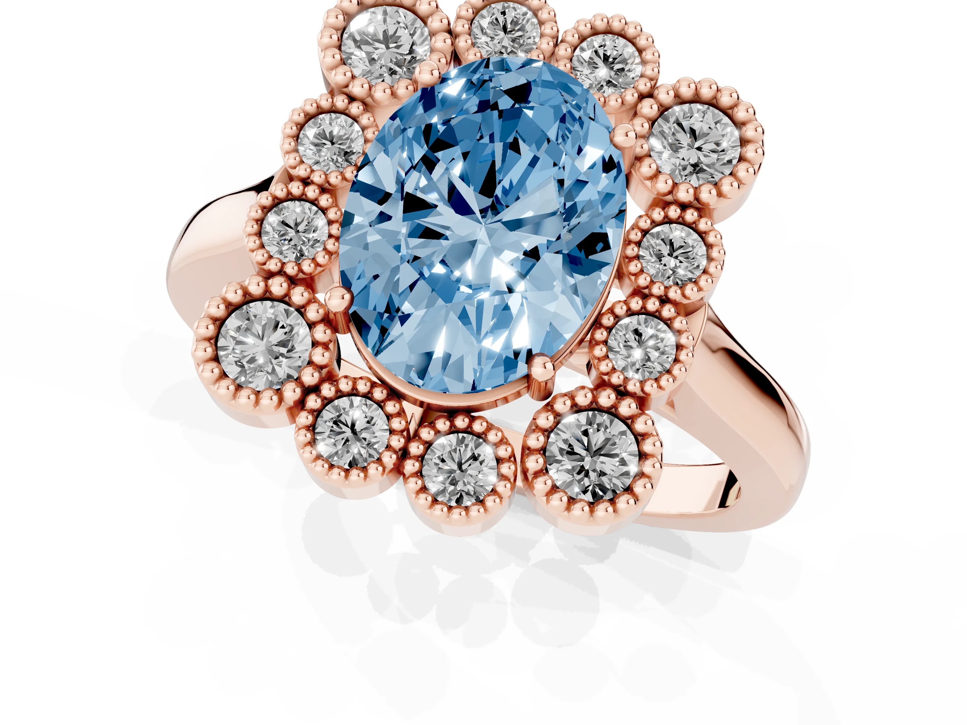 Fancy Blue Oval Cut Diamond Cluster Halo Ring Set in Rose gold with Milgrain Bezel Accents and Plain Band