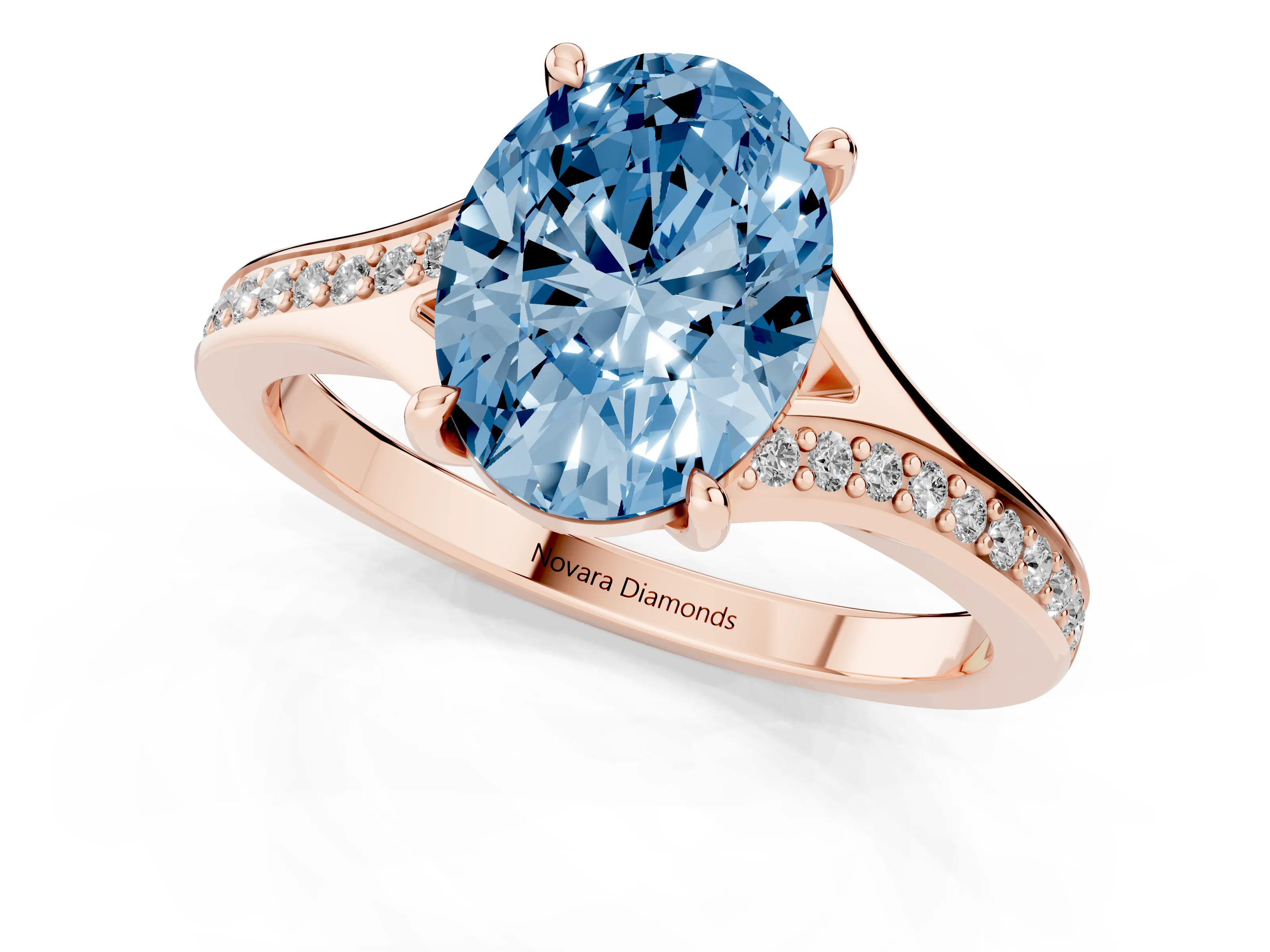 Fancy Blue Oval Cut Diamond Solitaire Ring Set in Rose gold with Pavé Accent Band and Classic Prong Setting