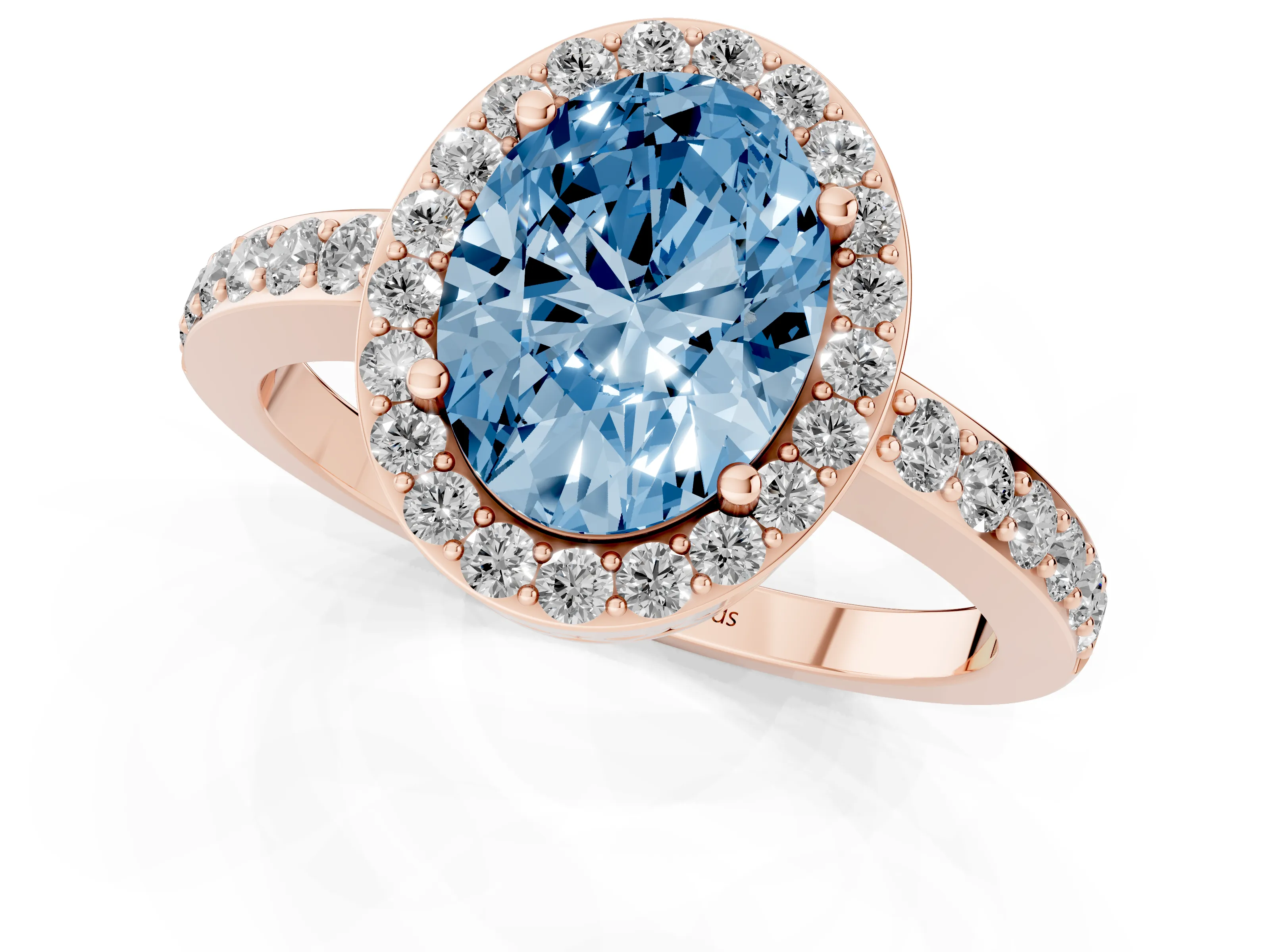 Fancy Blue Oval Cut Diamond Halo Ring Set in Rose gold with Pavé-Setting Band and Open Prong Center