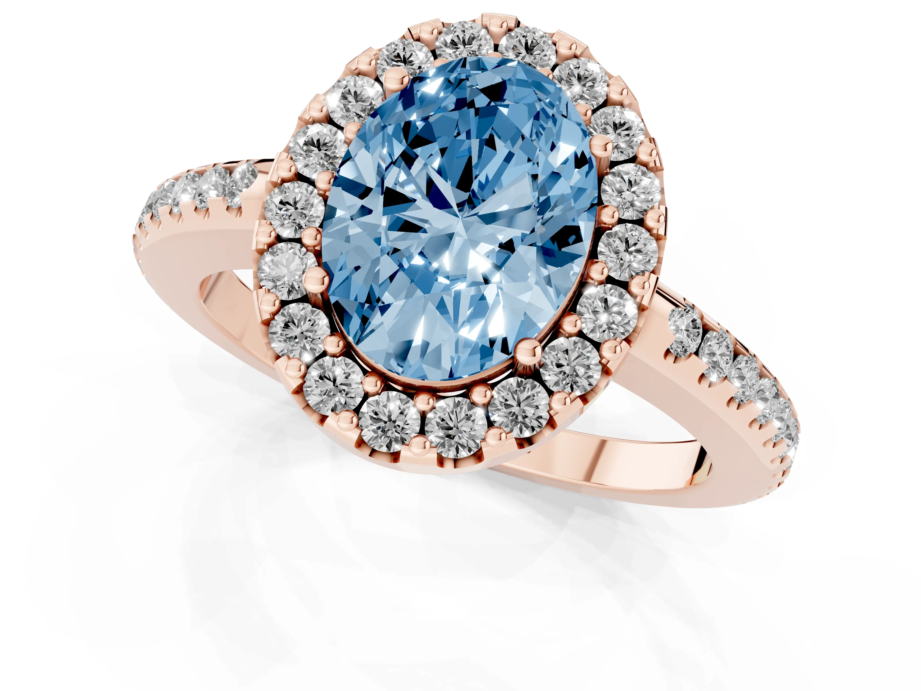 Fancy Blue Oval Cut Diamond Pavé Halo Ring Set in Rose gold with Prong Setting