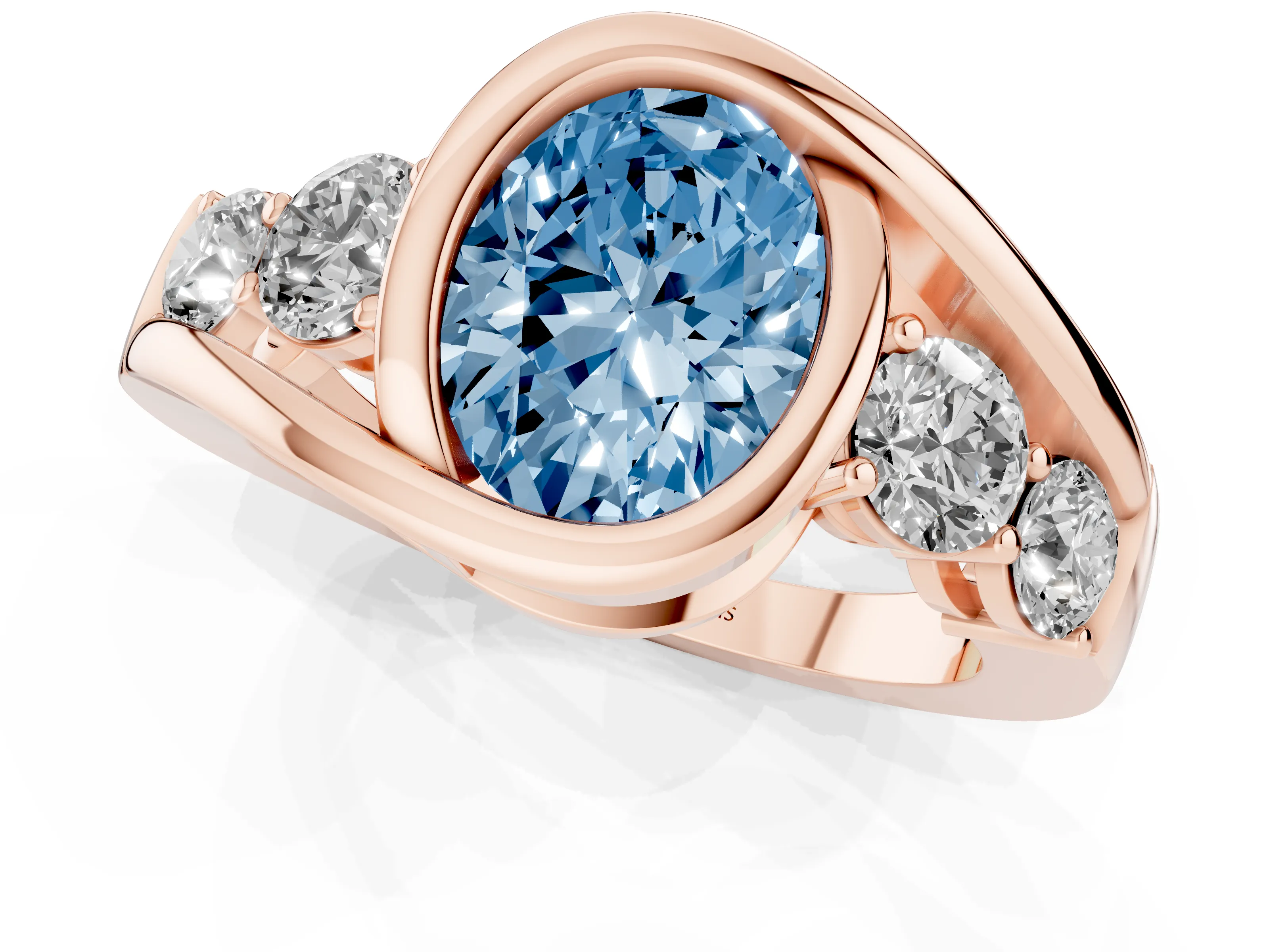 Fancy Blue Oval Cut Diamond Bezel Bypass Ring Set in Rose gold with Round Accents