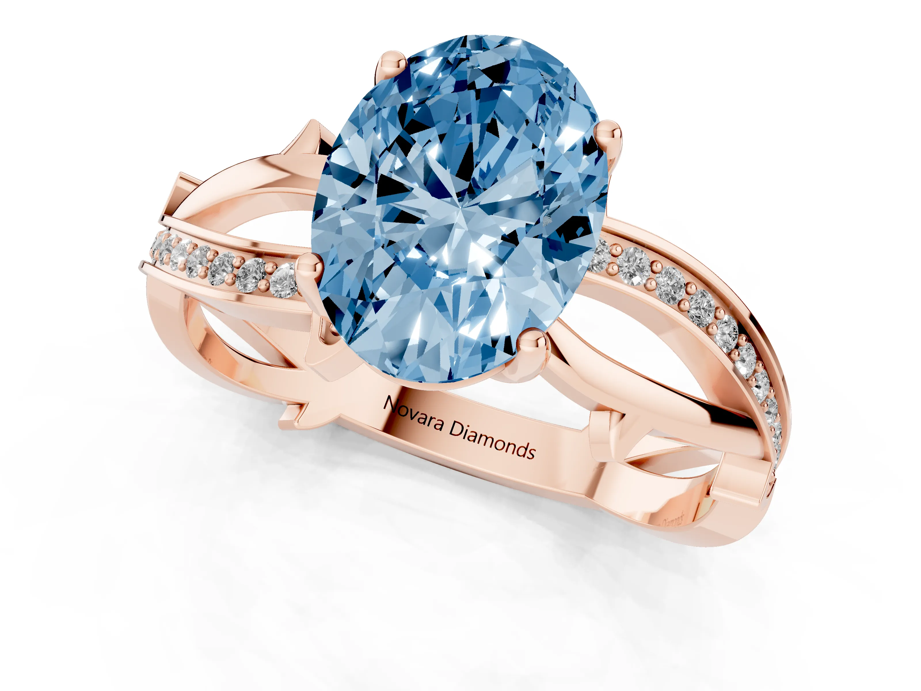Fancy Blue Oval Cut Diamond Pavé Twist Band Solitaire Ring Set in Rose gold with Prong Setting