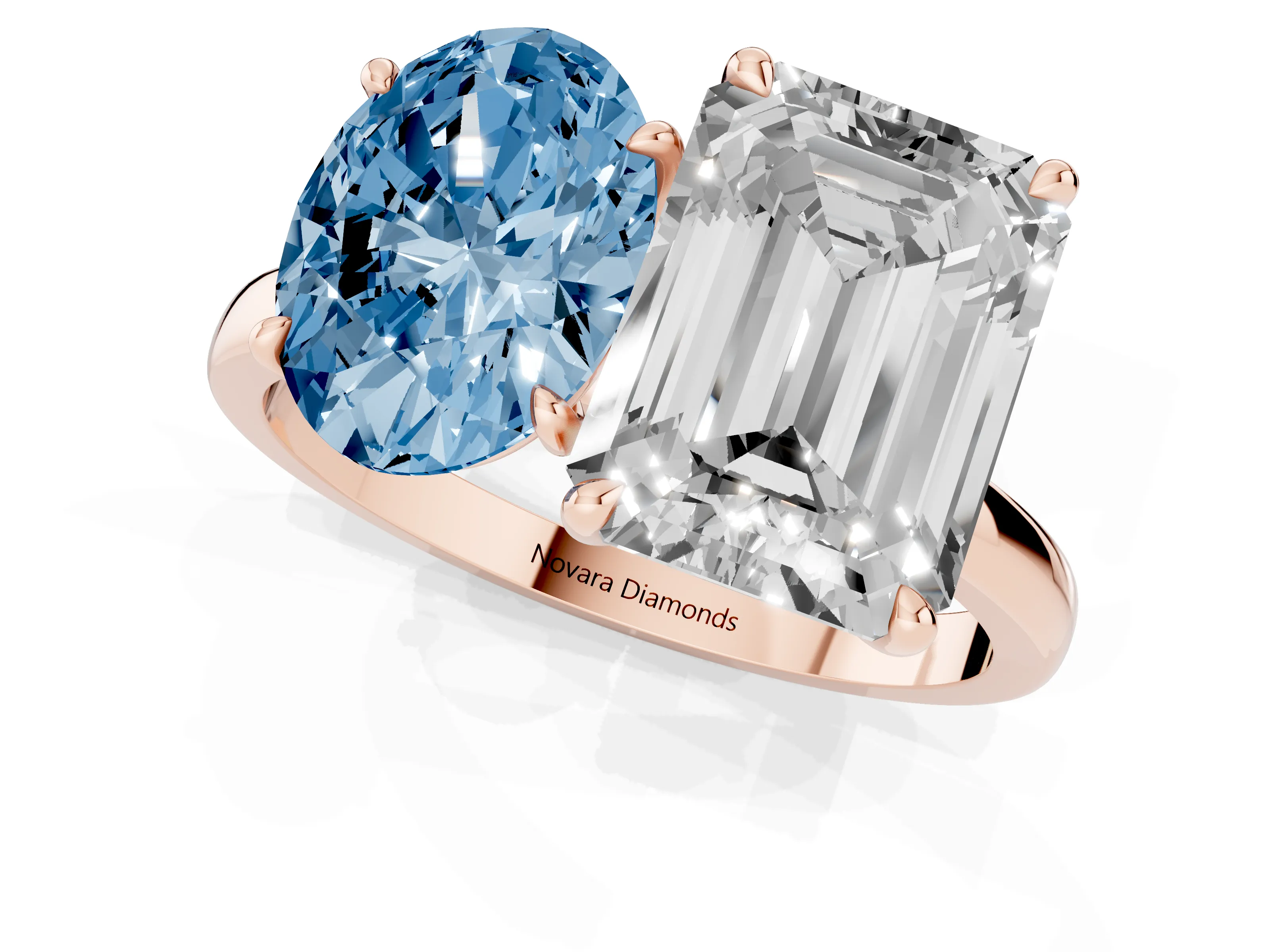 Fancy Blue Oval Cut and Emerald Cut Toi Moi Ring Set in Rose gold with Prong Setting