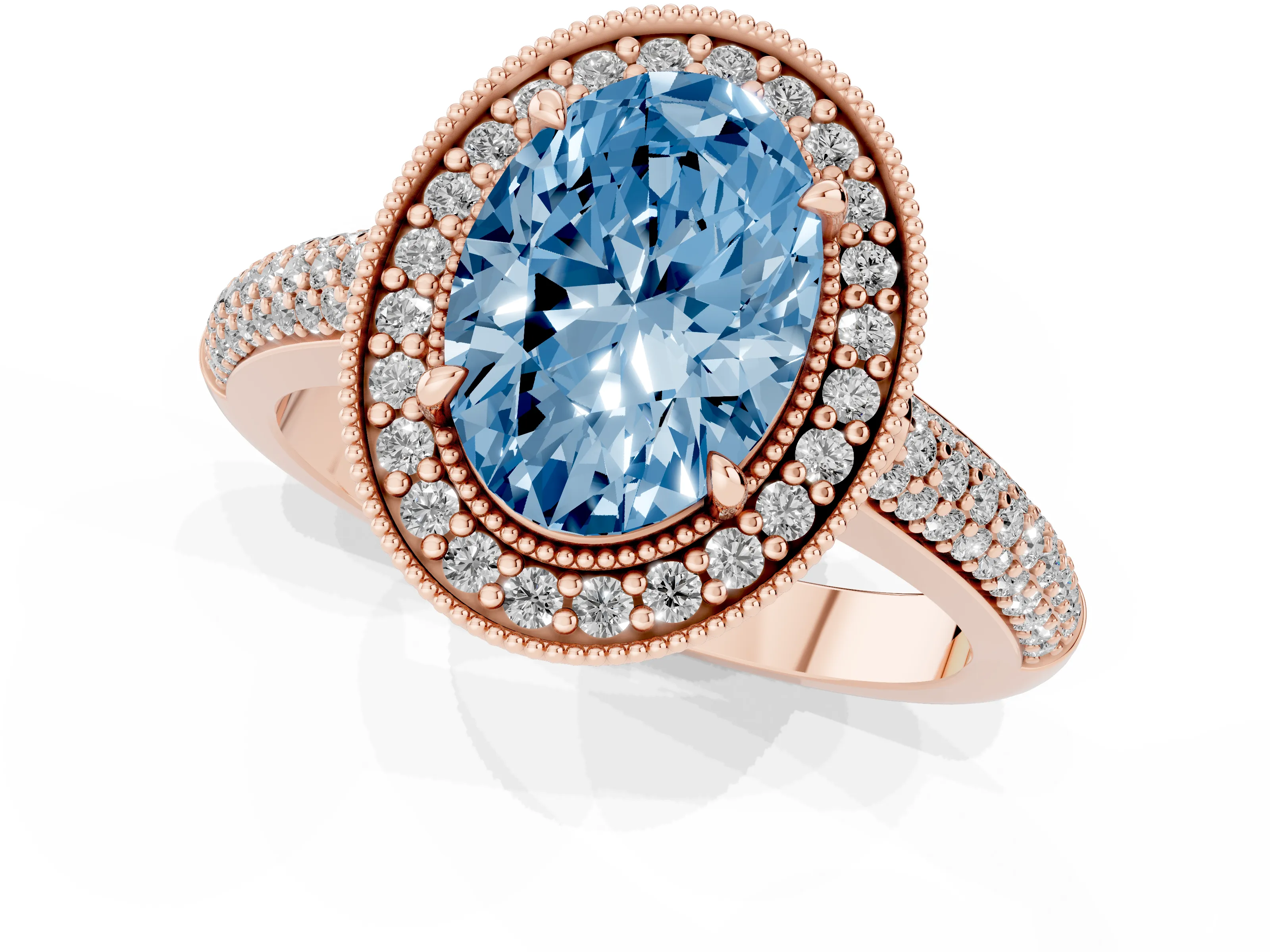 Fancy Blue Oval Cut Diamond Halo Pavé Band Set in Rose gold with Prong Setting