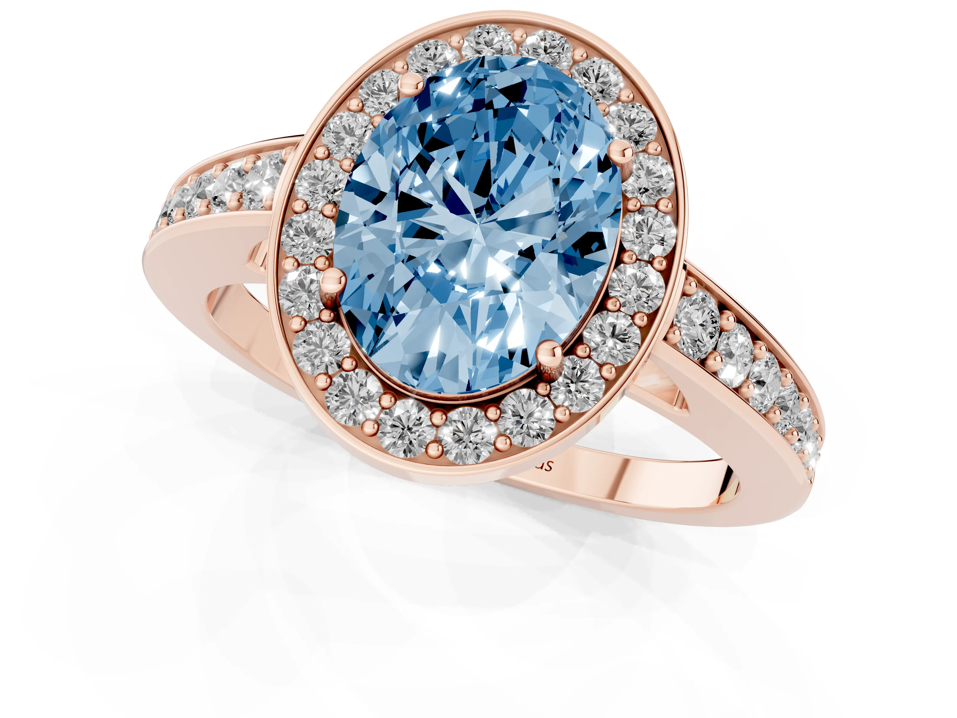 Fancy Blue Oval Cut Diamond Halo Pavé Engagement Ring Set in Rose gold with Bezel Setting