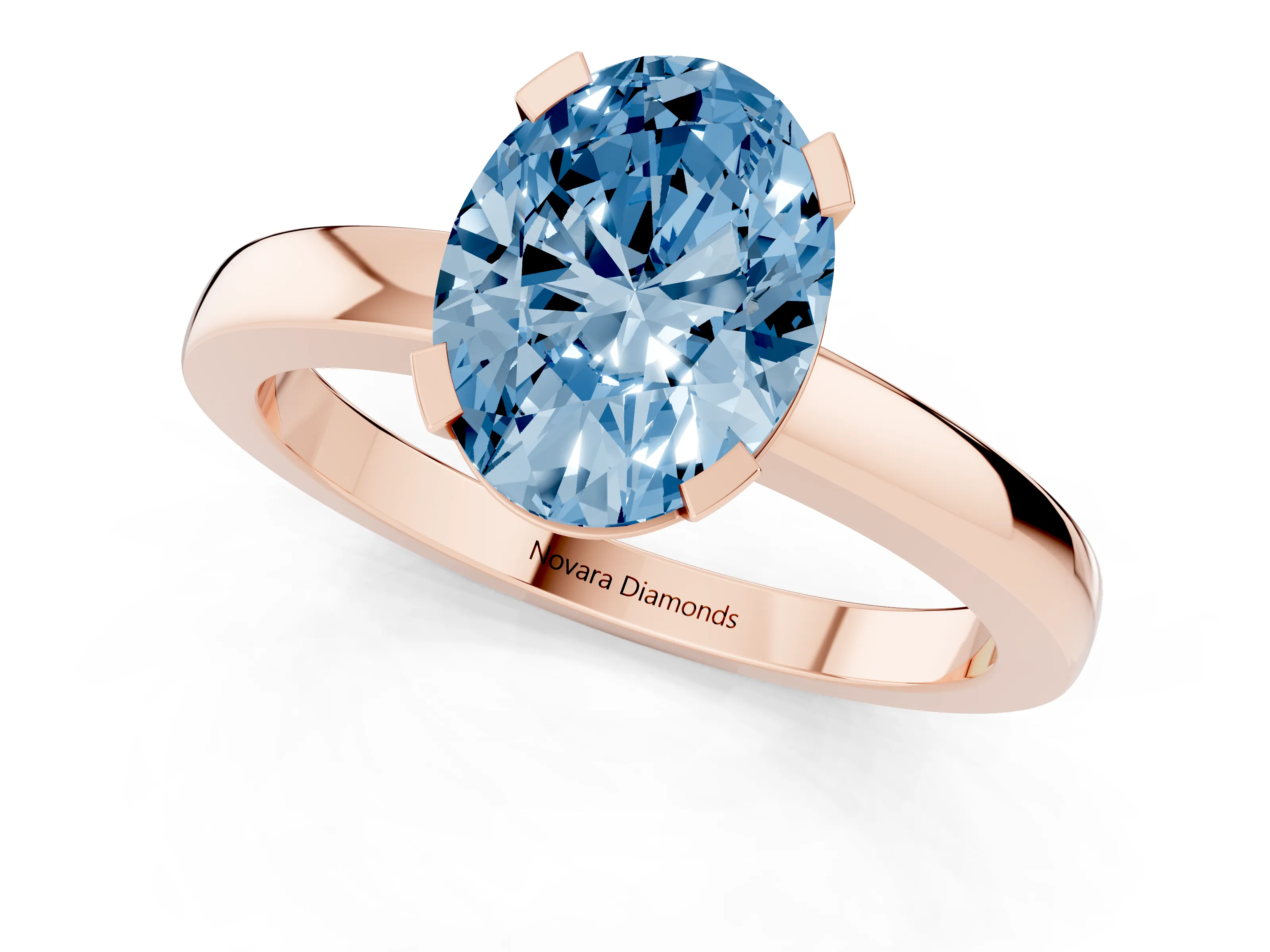 Fancy Blue Oval Cut Diamond Solitaire Ring Set in Rose gold with Prong Head and Smooth Polished Band