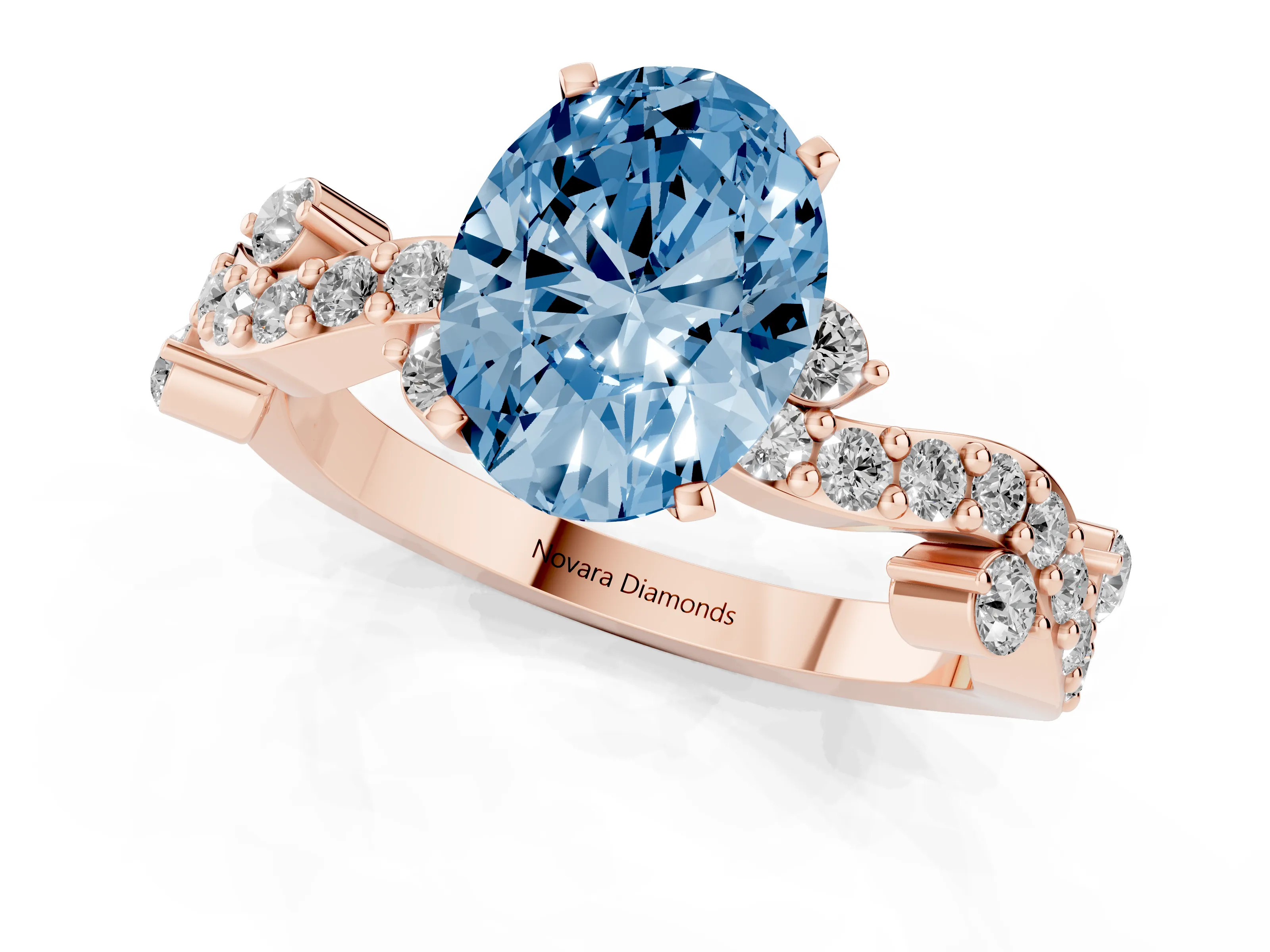 Fancy Blue Oval Cut Diamond Solitaire Twisted Band Set in Rose gold with Pavé Setting