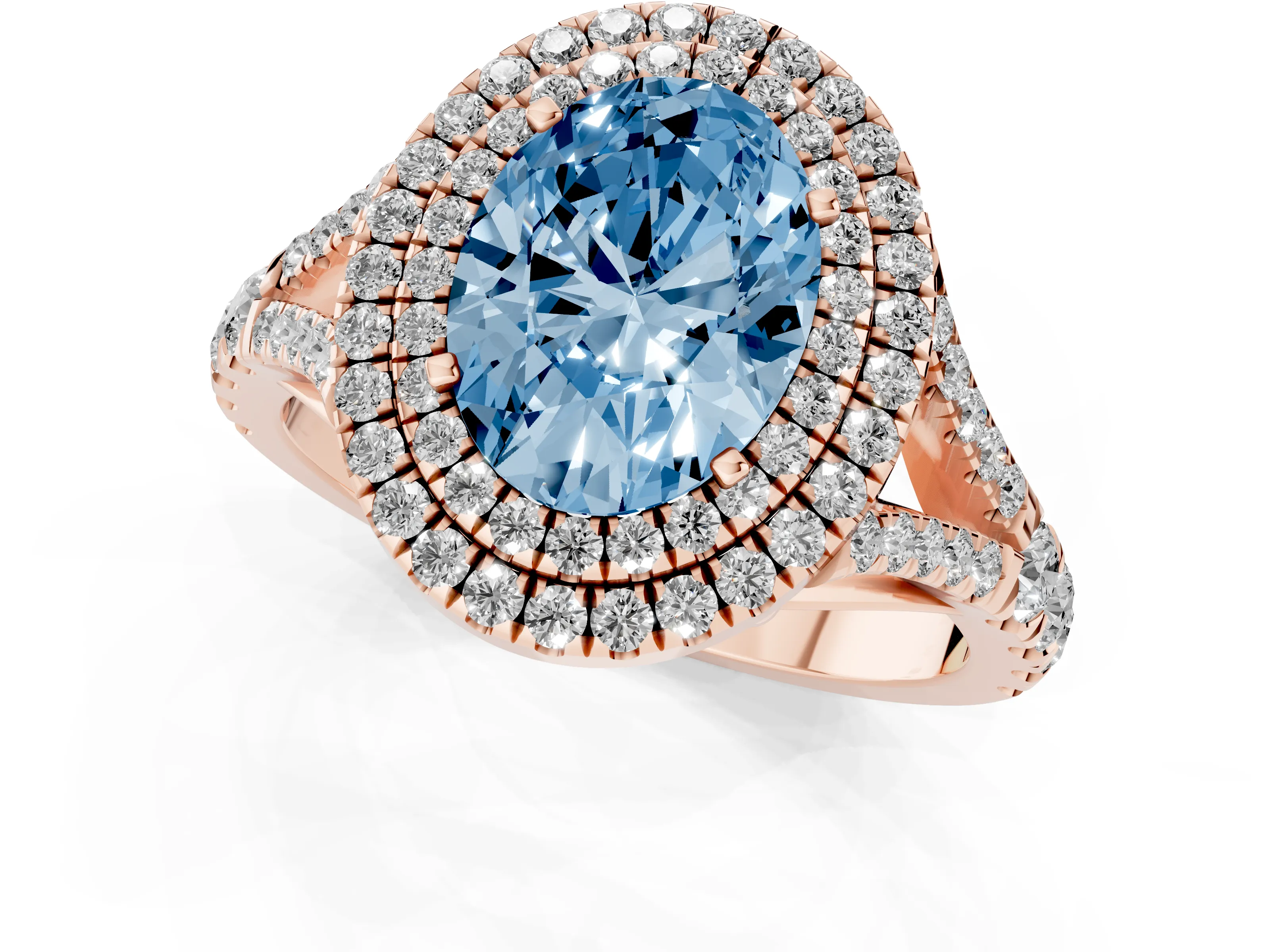 Fancy Blue Oval Cut Diamond Pavé Split Shank Double Halo Engagement Ring Set in Rose gold