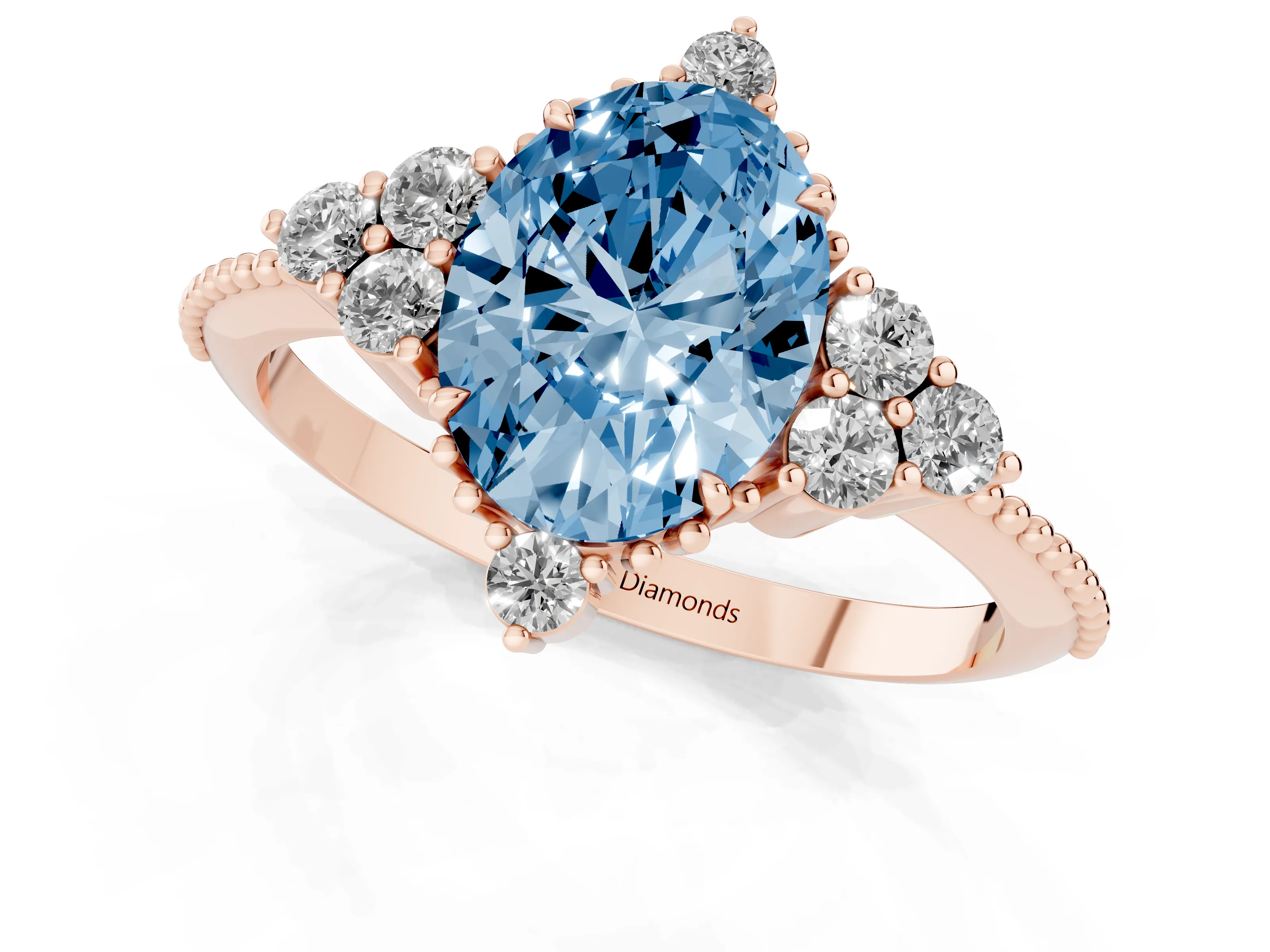 Fancy Blue Oval Cut Diamond Cluster Ring Set in Rose gold with Beaded Band